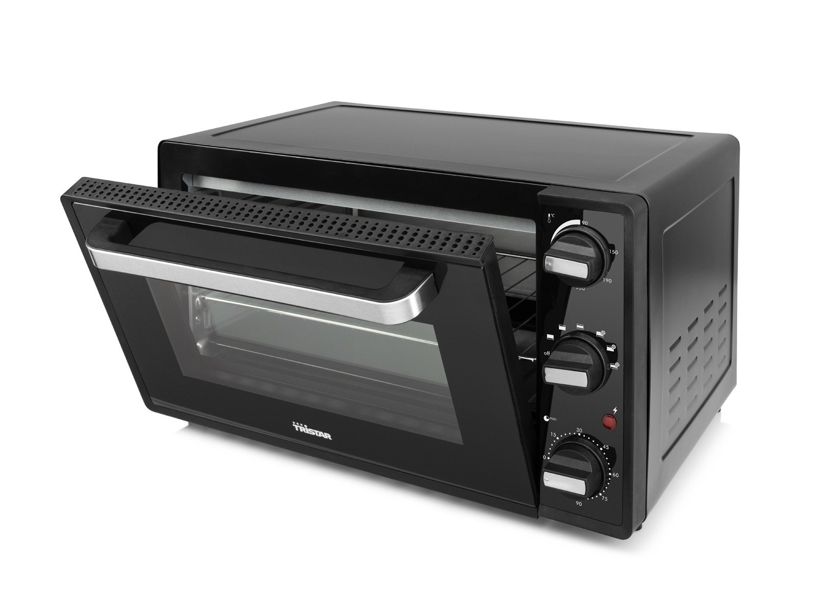 Czarny piekarnik Tristar z otwartymi drzwiami. Pokrętła i elementy sterujące widoczne z przodu.