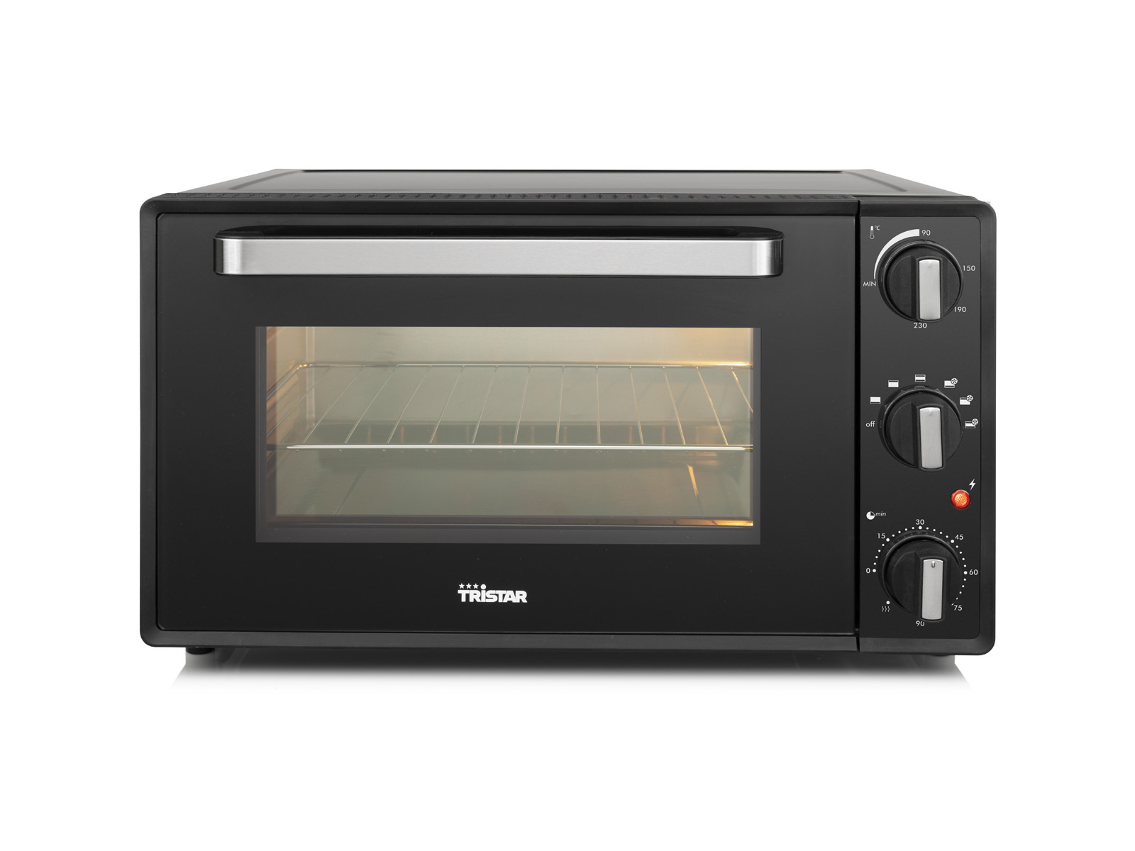 Czarny piekarnik z elementami sterującymi z przodu. Szklane drzwi, oświetlenie wewnętrzne i pokrętła.