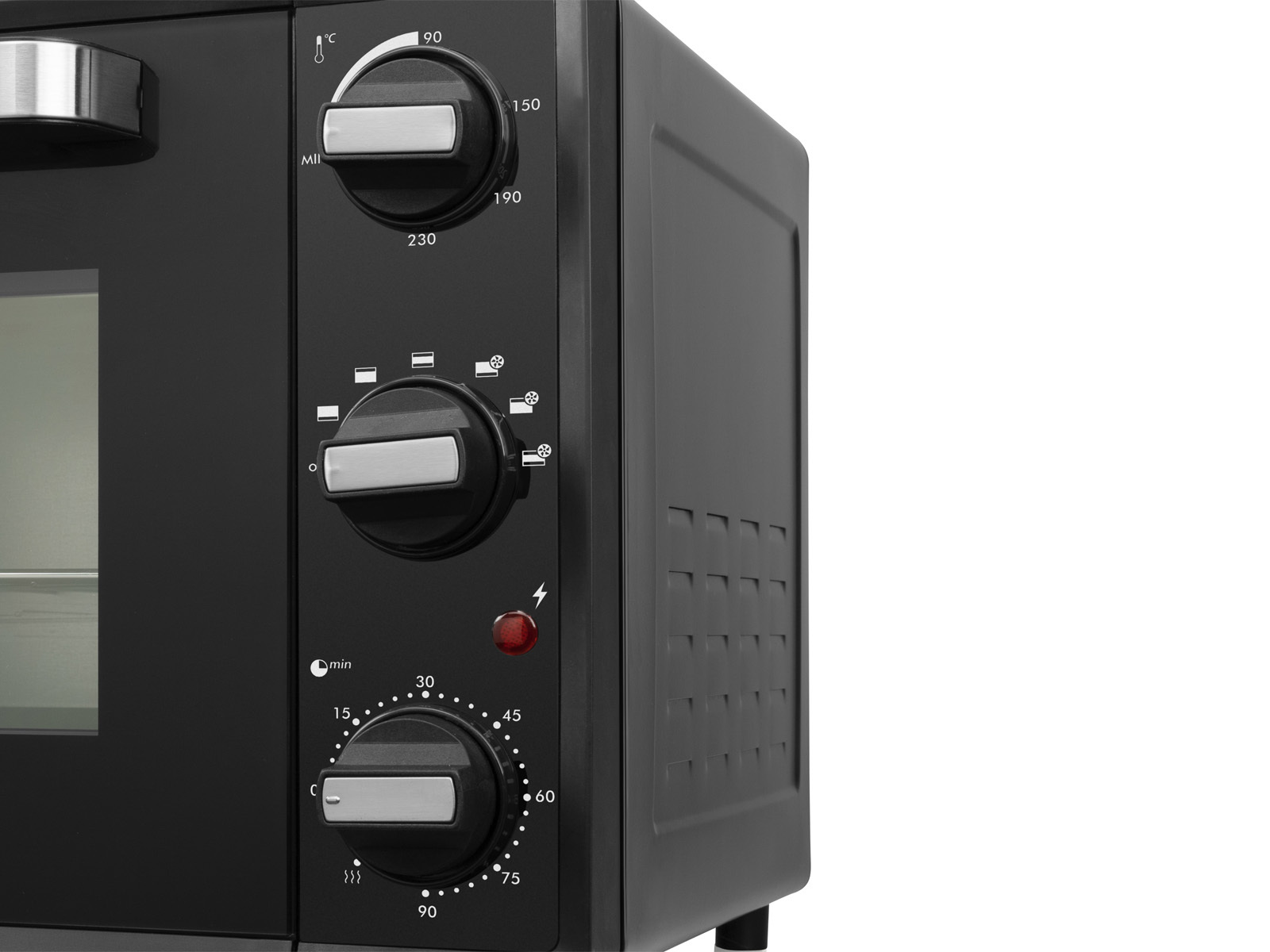 Czarny piekarnik z pokrętłami z przodu, pokazujący ustawienia temperatury i timera.