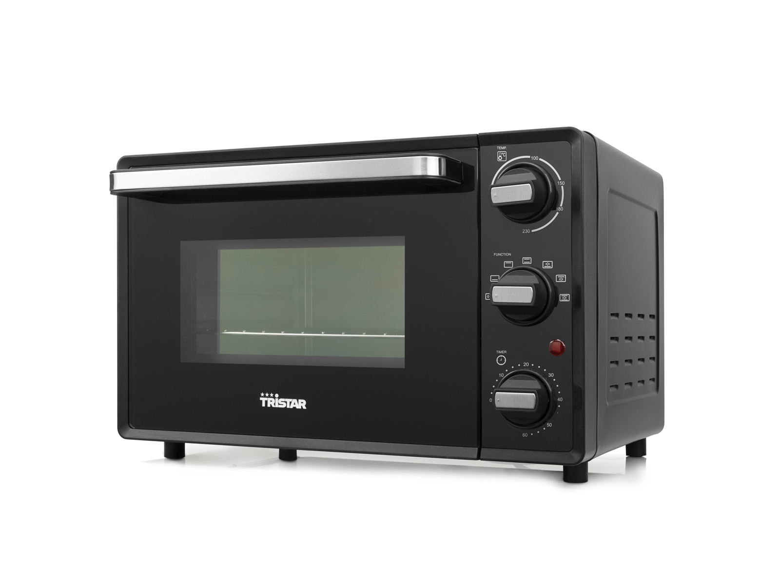 Czarny piekarnik na blacie z elementami sterującymi, uchwytem i szklanymi drzwiami. Białe tło.