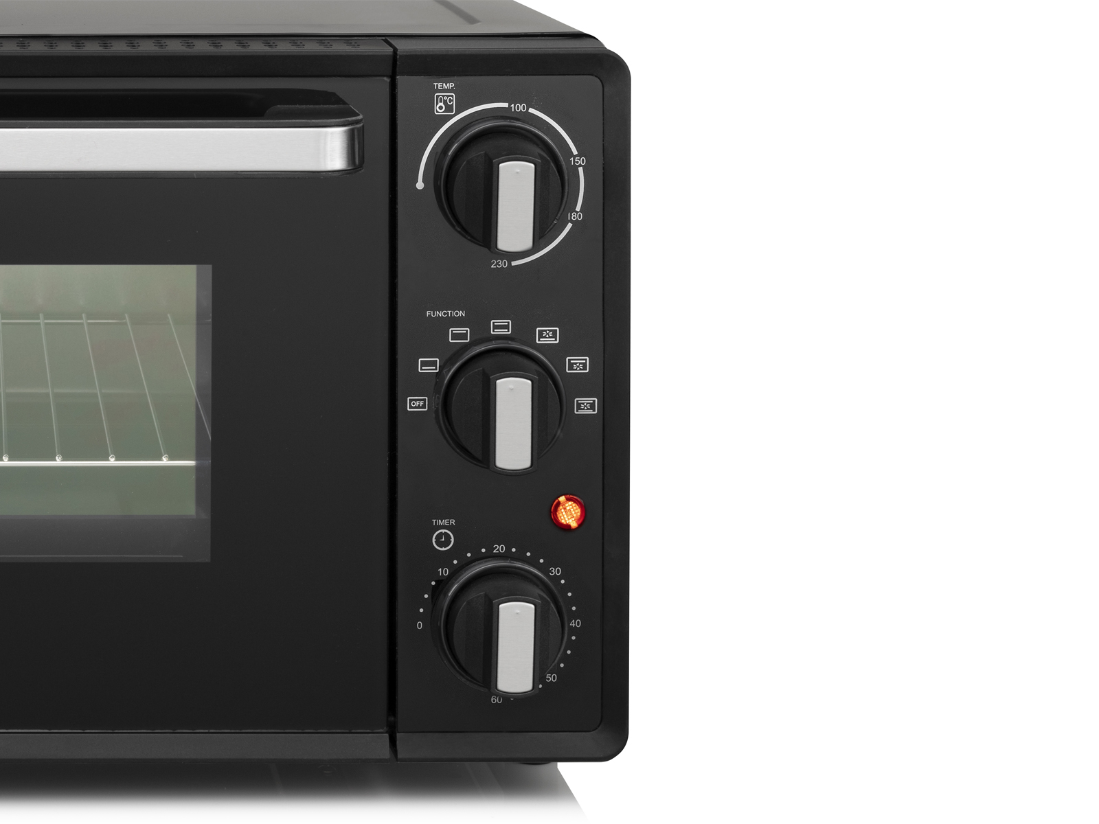 Czarny piekarnik z pokrętłami temperatury, funkcji i timera oraz lampką kontrolną.