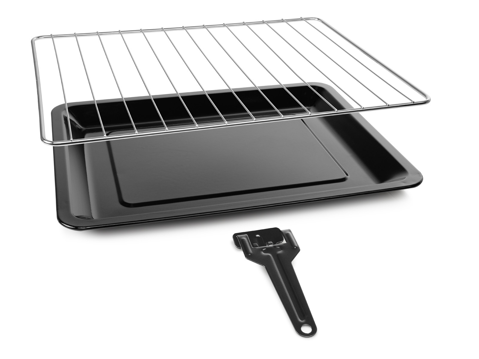 Tacka do piekarnika, ruszt i uchwyt, wszystko czarne, na białym tle.