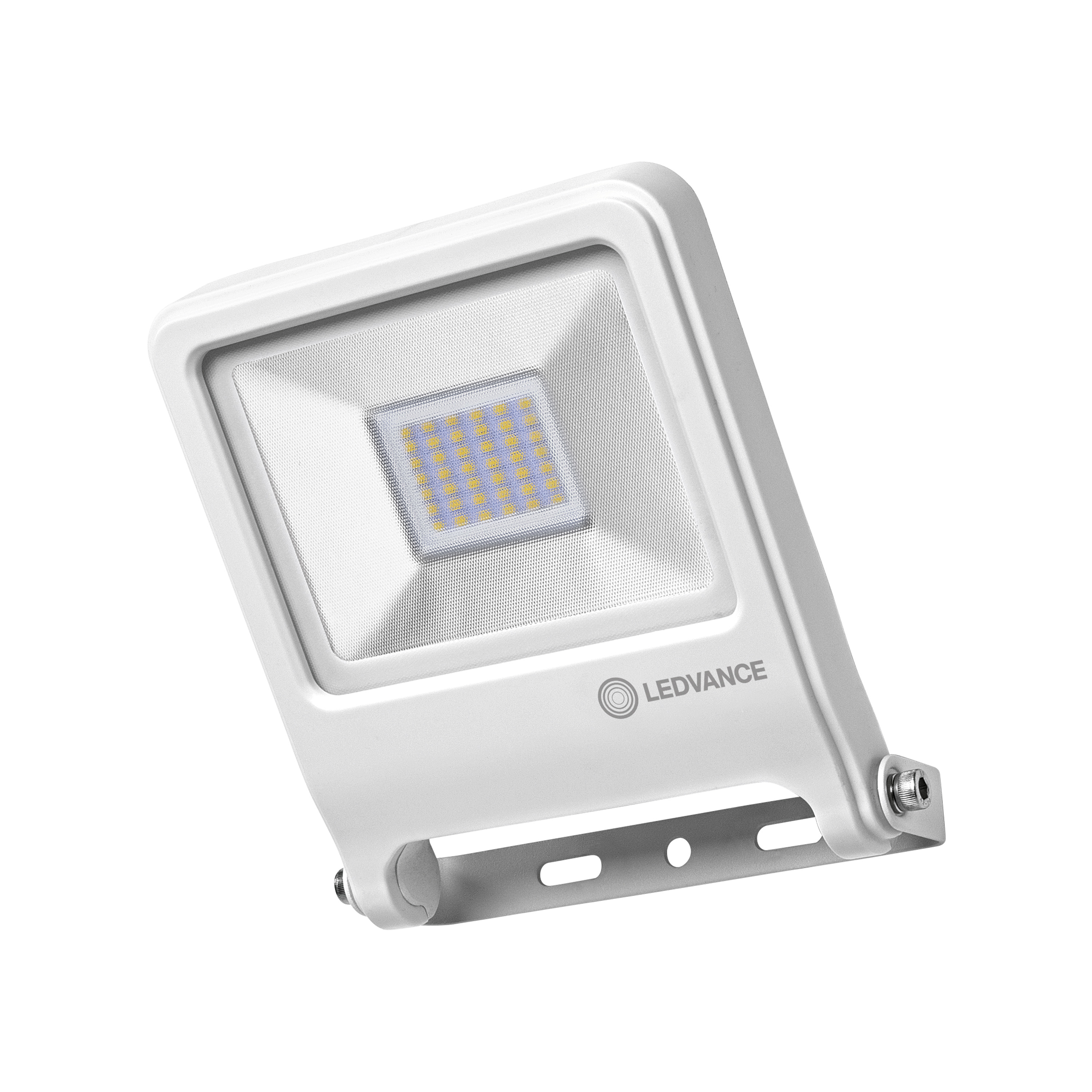 Weißer LED-Flutlichtstrahler mit weißem Gehäuse und rechteckiger Lichtfläche. Marke: LEDVANCE.