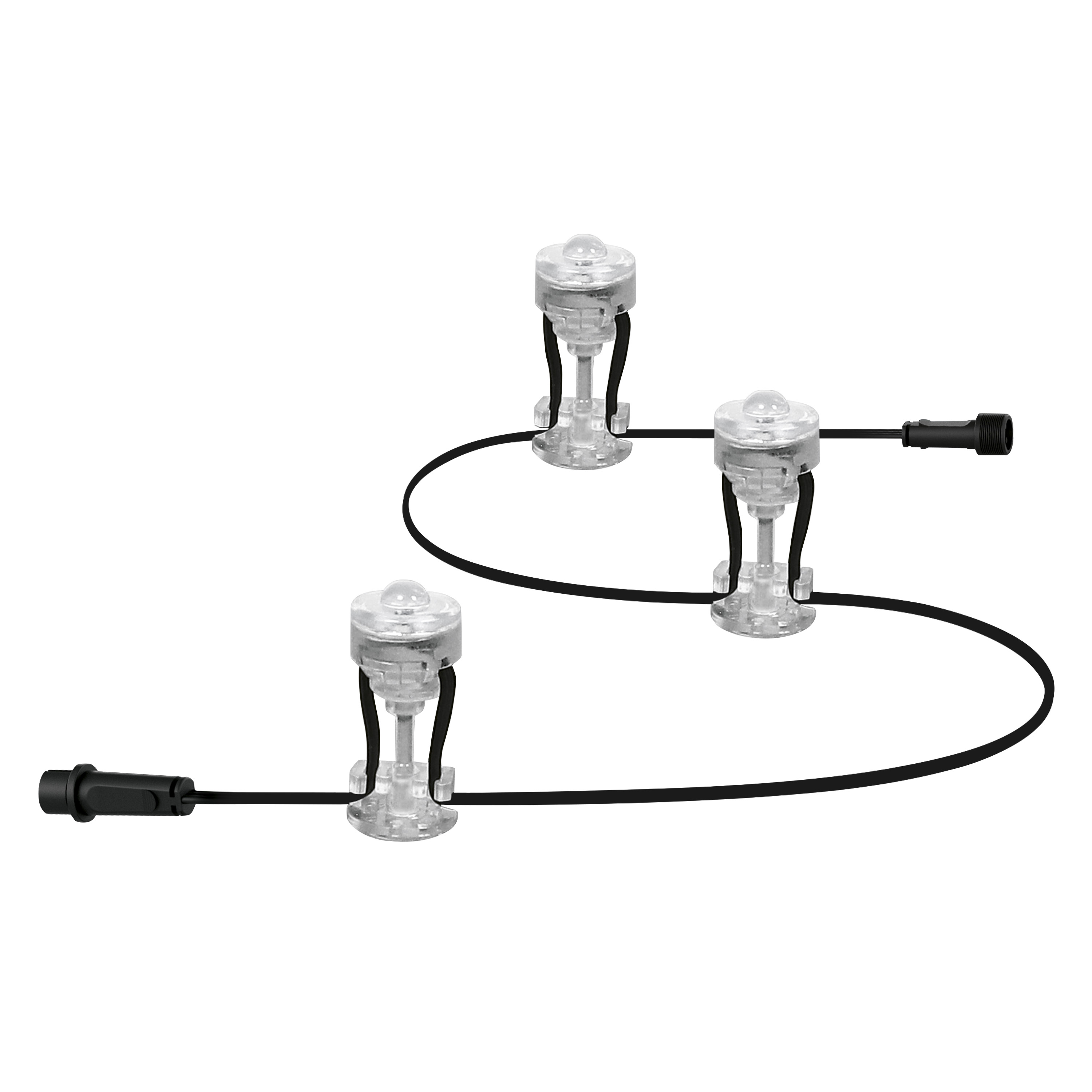 Drei klare LED-Leuchten, verbunden durch schwarze Drähte. Jede Leuchte hat eine klare Kuppel. Weißer Hintergrund.