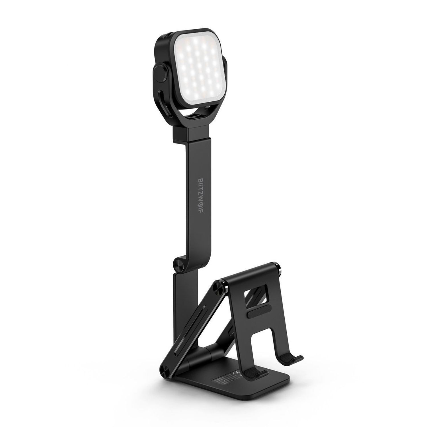 Schwarzes LED-Licht mit Telefonhalter. Das Licht ist quadratisch, der Ständer verstellbar. Weißer Hintergrund.