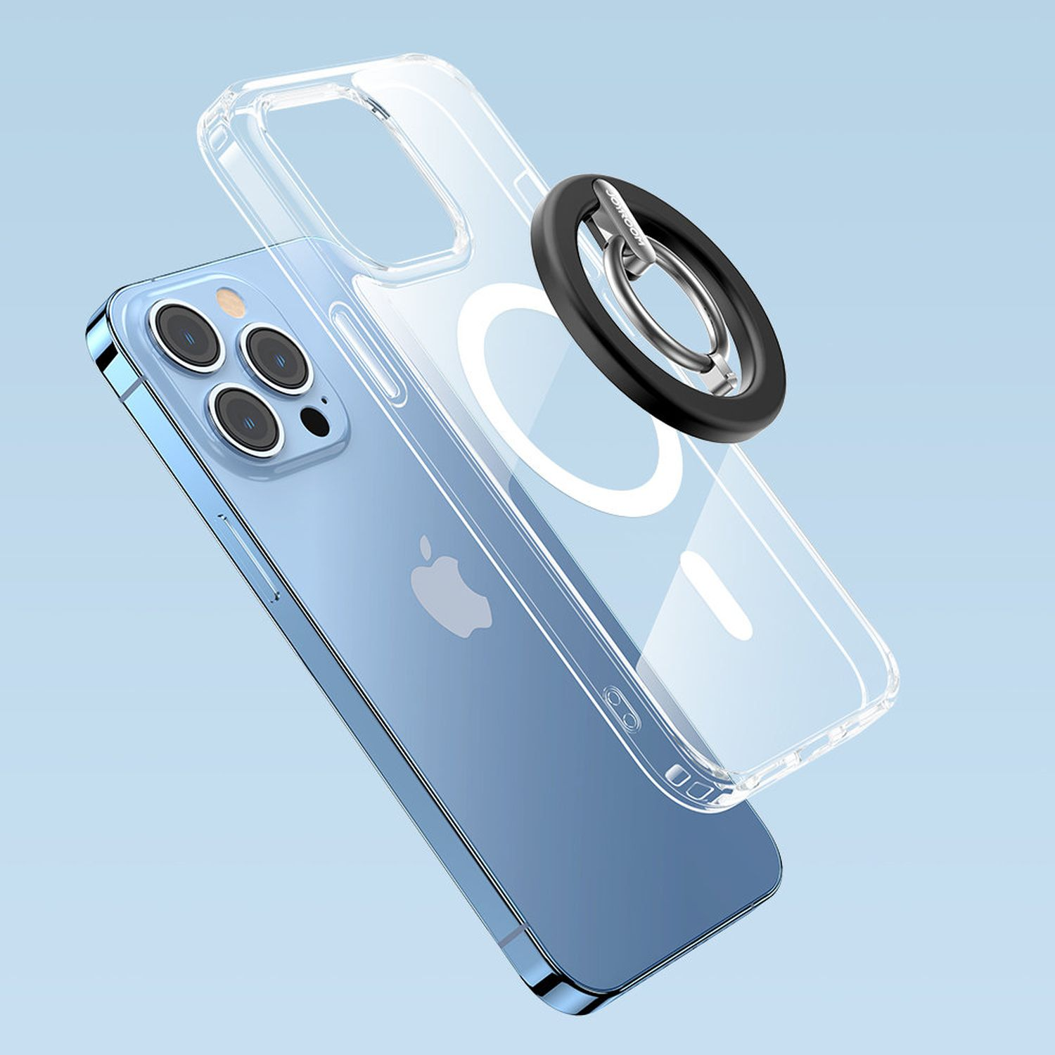 Telefon z przezroczystym etui, uchwytem na pierścień i niebieskim tłem.