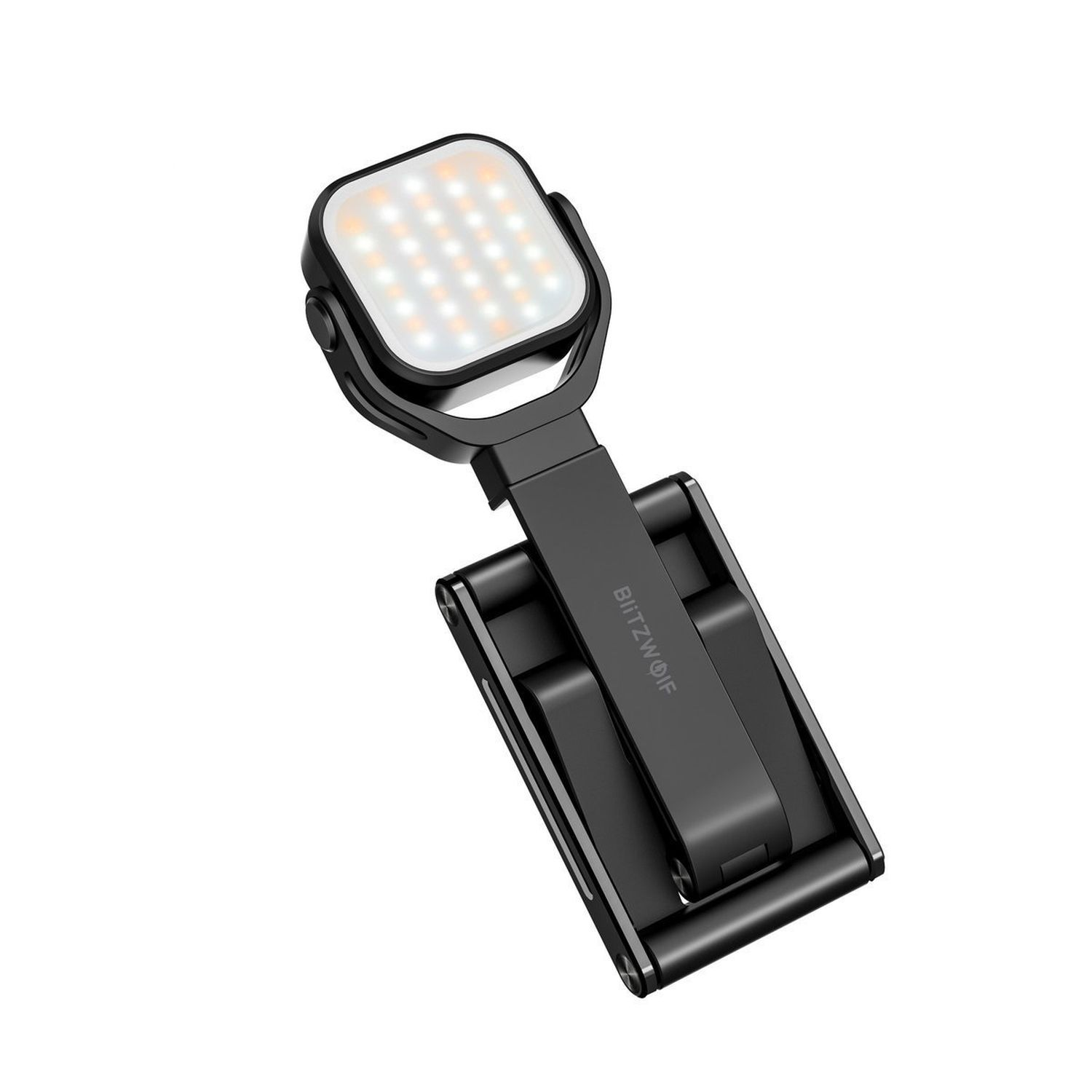 Schwarze, faltbare LED-Lampe. Sie ist geöffnet und strahlt weißes Licht aus. Blitzwolf steht auf dem Arm.