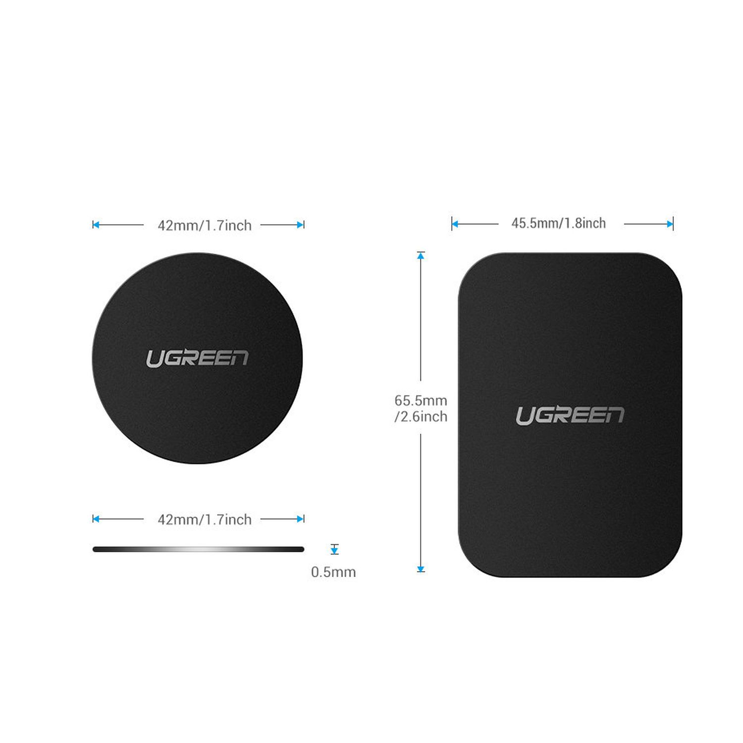 Zwei schwarze magnetische UGREEN-Platten mit Abmessungen und dem UGREEN-Logo.