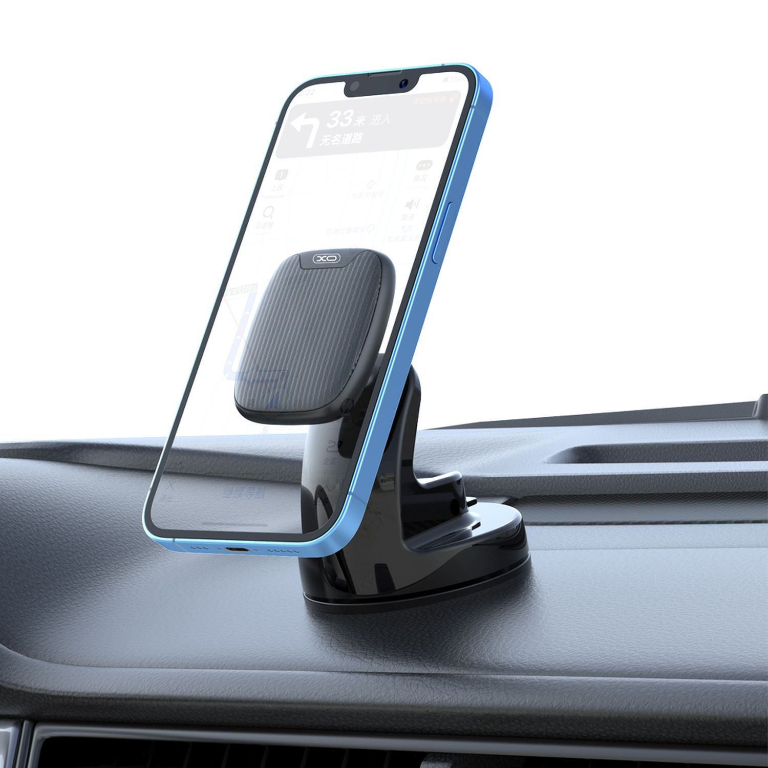 Telefonhalterung für das Auto mit einer Karte auf dem Bildschirm.