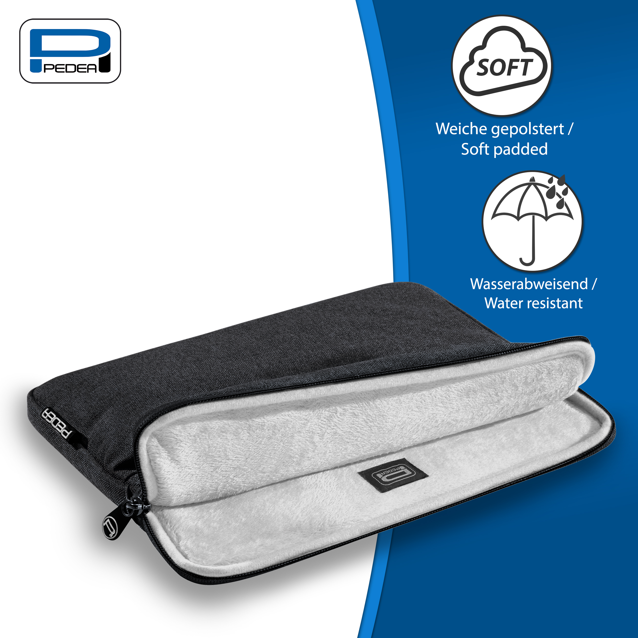 Schwarze Laptoptasche mit weißem, flauschigem Innenraum und Reißverschluss, vor blauem Hintergrund.