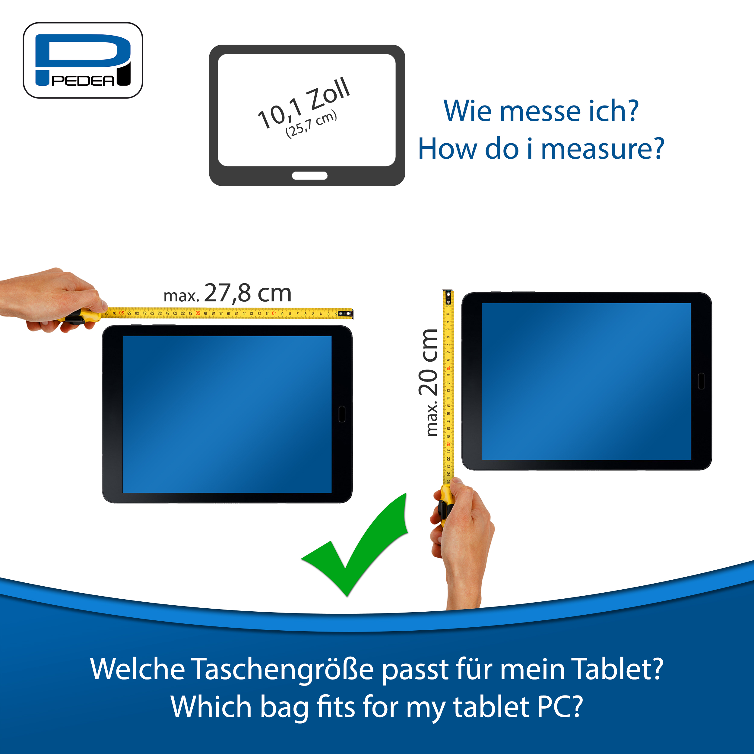 Tablet-Messung mit einem Lineal und einem grünen Häkchen.