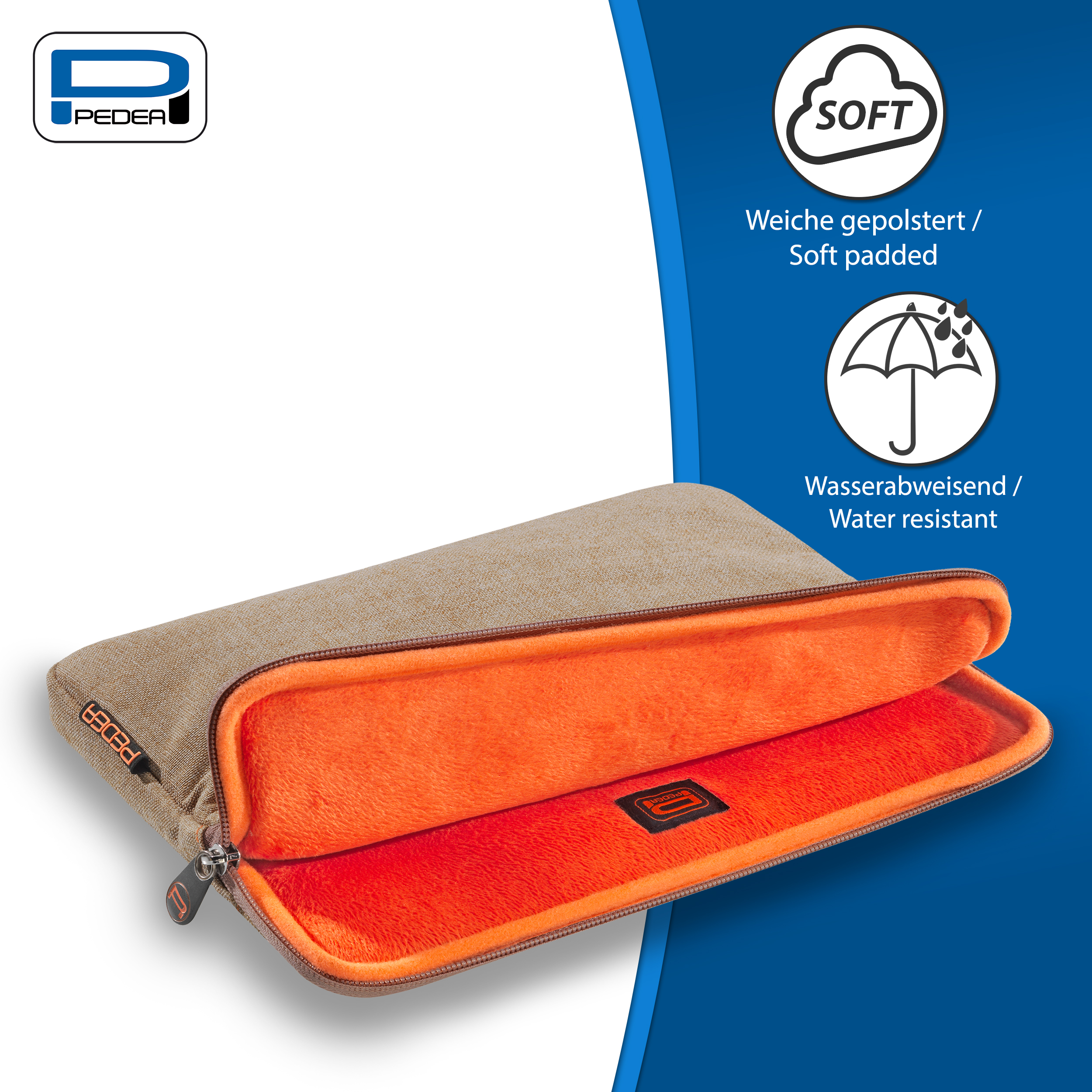 Beige Laptop-Hülle mit orangefarbenem Innenraum. Weich gepolstert und wasserabweisend.