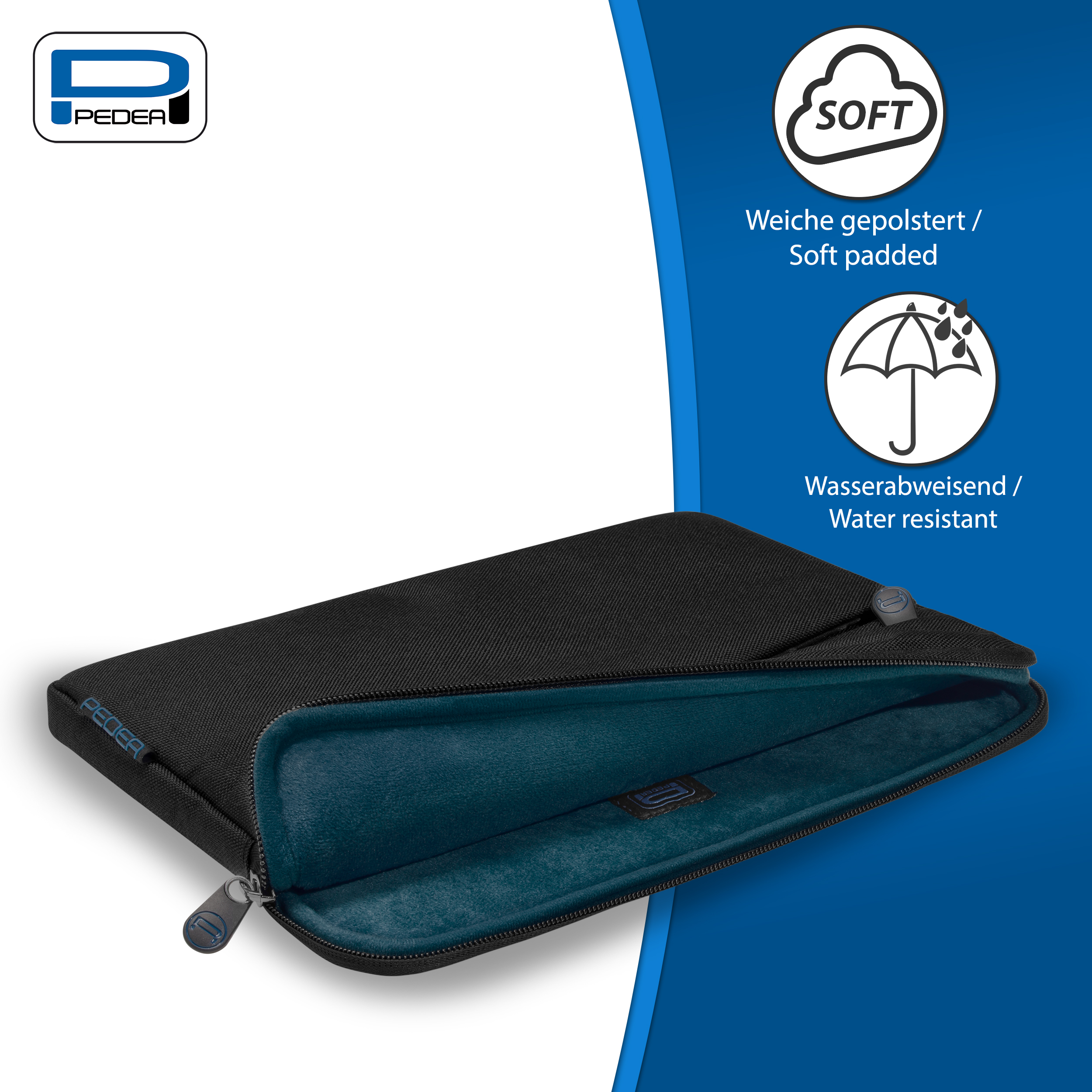 Schwarze Laptoptasche mit blauem Innenraum und weißem Text.