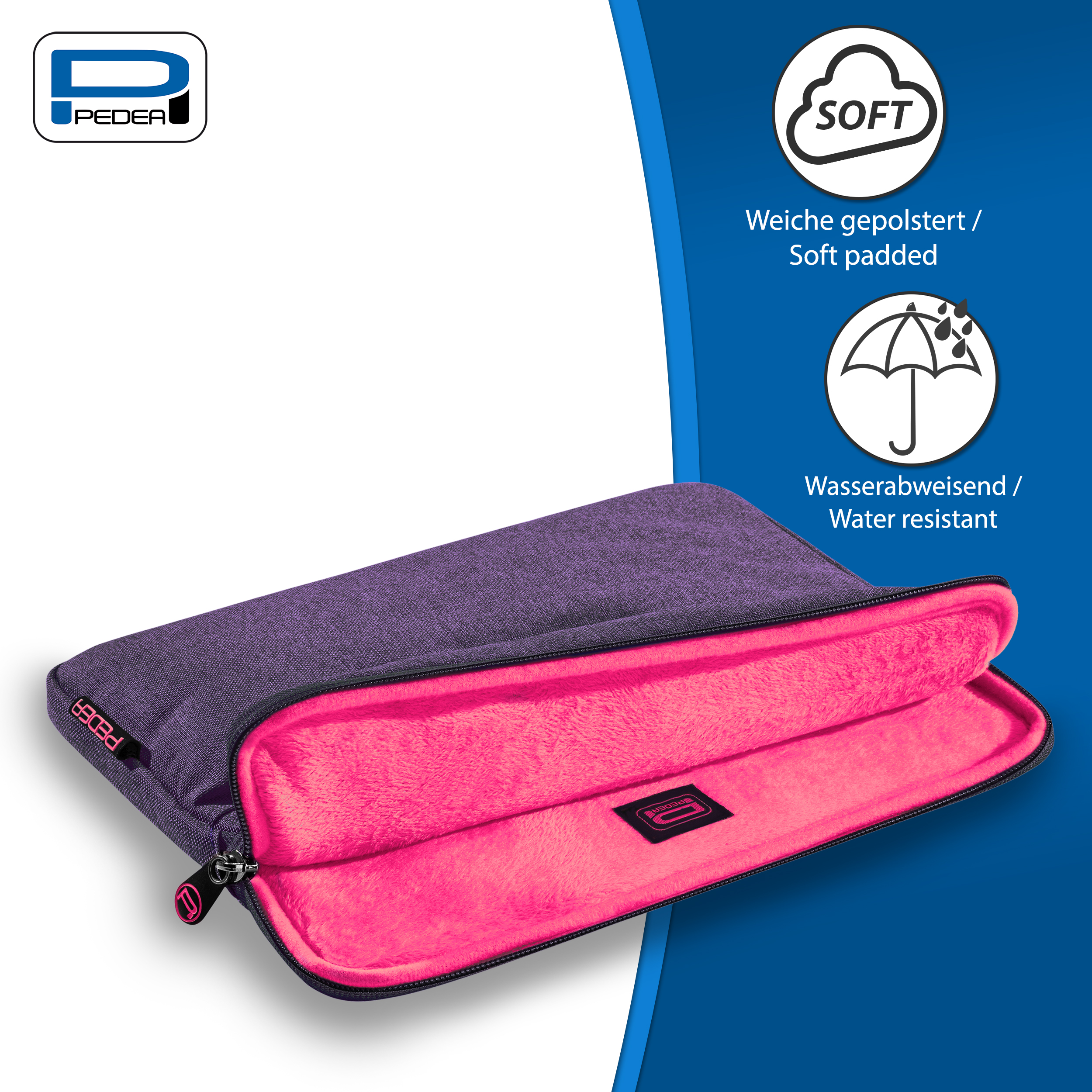 Lila Laptop-Hülle, pinkes Innere. Text und Icons zeigen weiche Polsterung und Wasserbeständigkeit.