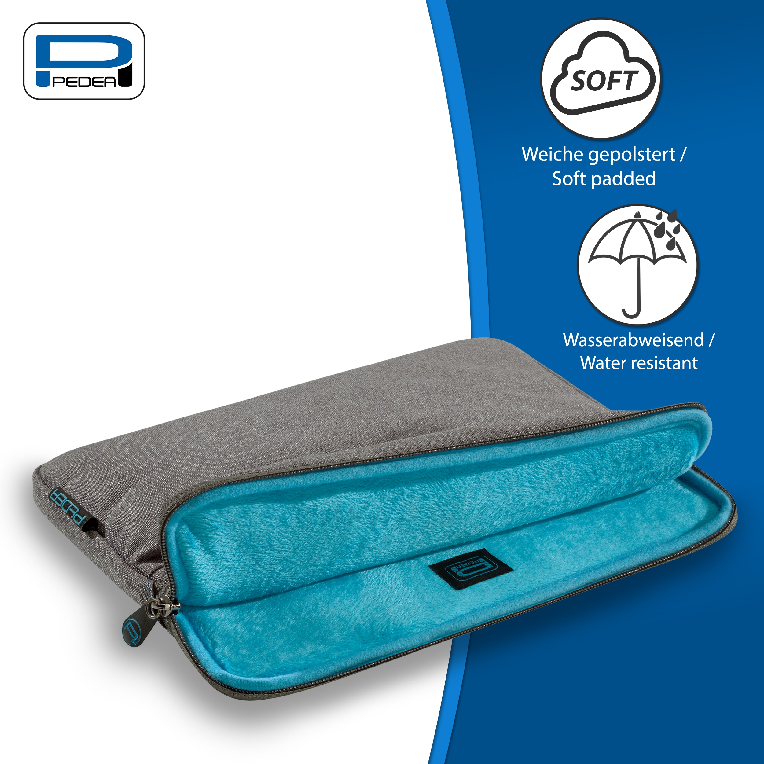 Eine graue Laptoptasche geöffnet, mit blauem, flauschigem Innenraum. Text: Soft, Water resistant, und das Markenlogo.