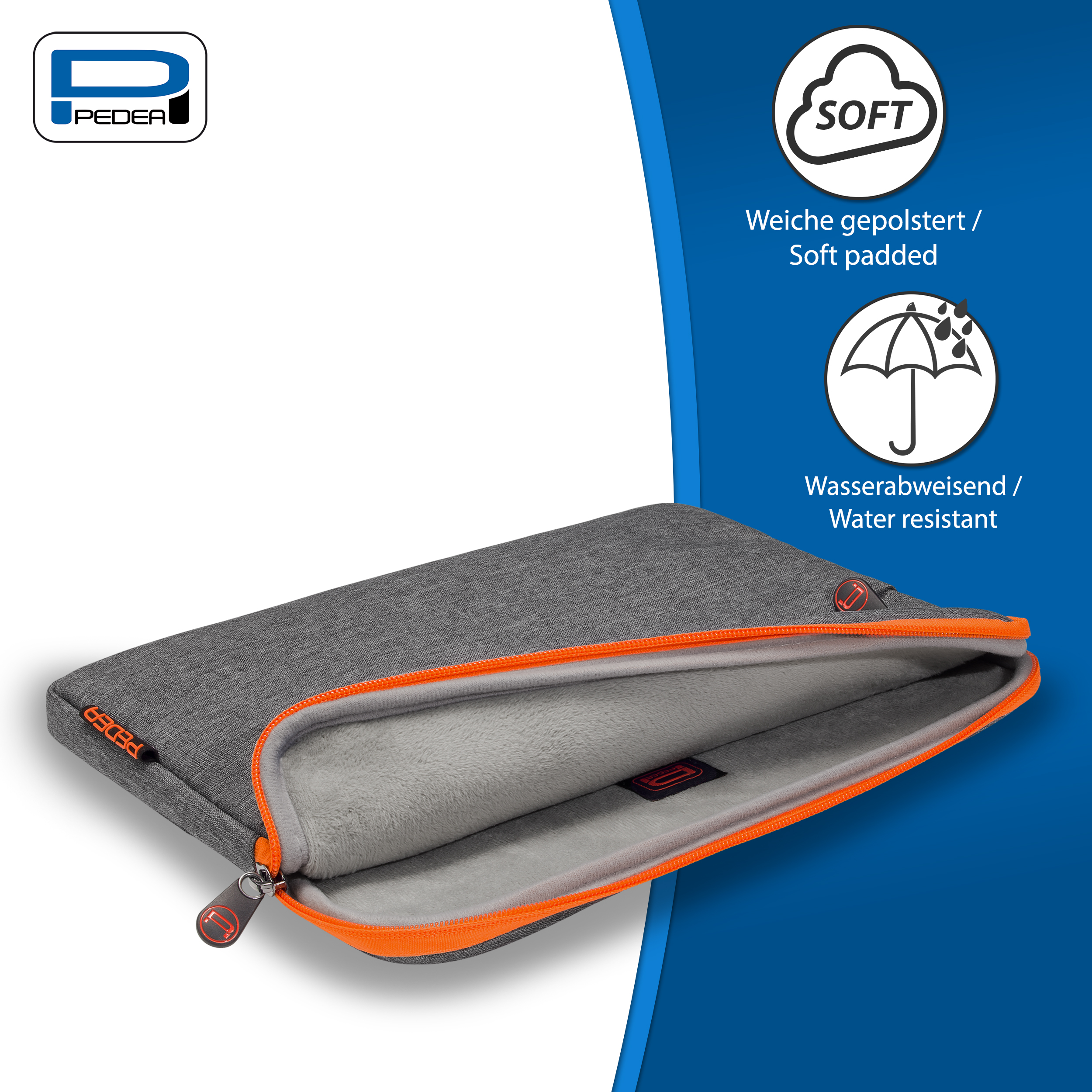 Eine graue Laptop-Hülle mit orangefarbenem Reißverschluss und Zierleisten, die das Markenlogo und Symbole zeigt.
