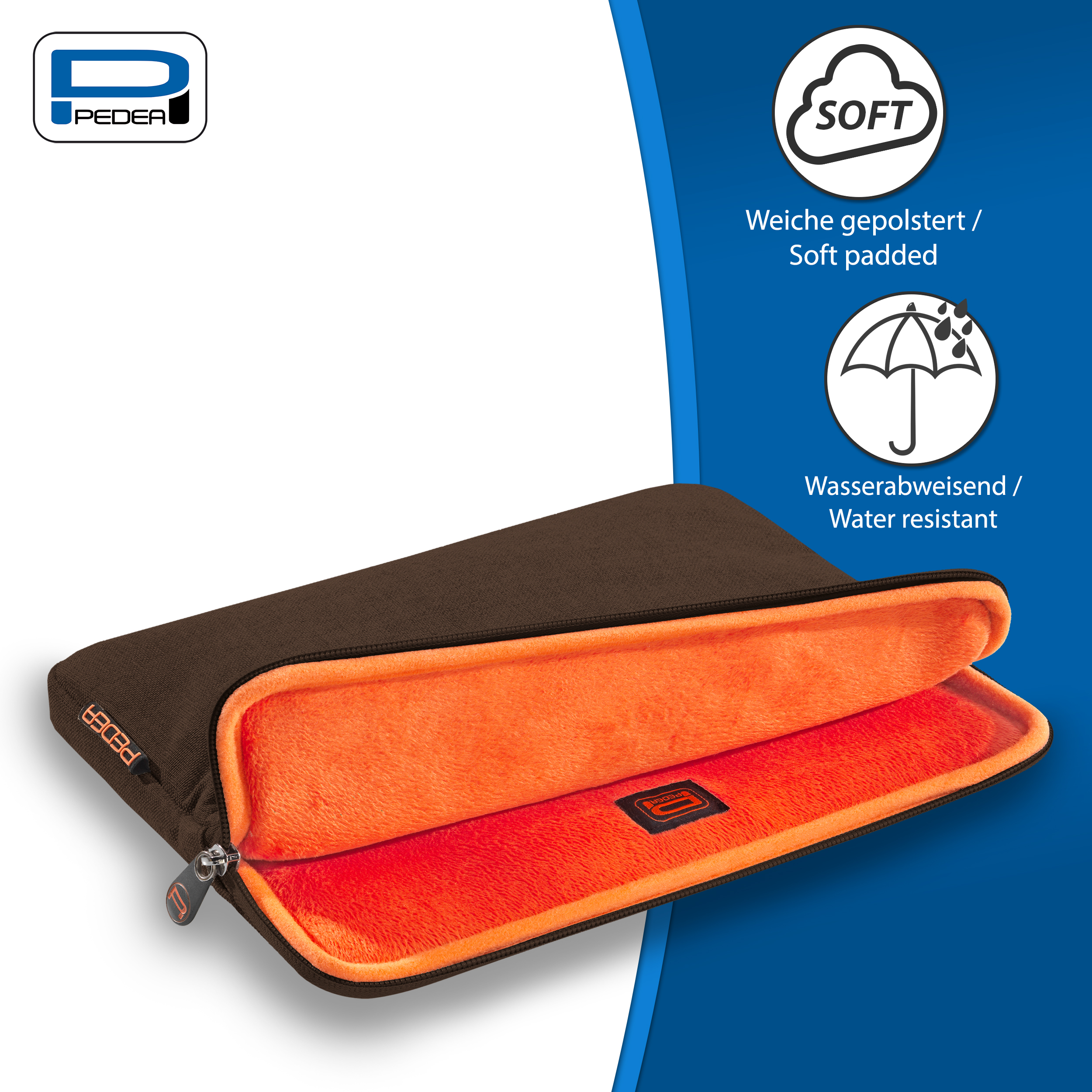 Braune Laptoptasche mit orangefarbenem Innenraum, offen. Wasserabweisend und weich gepolstert.