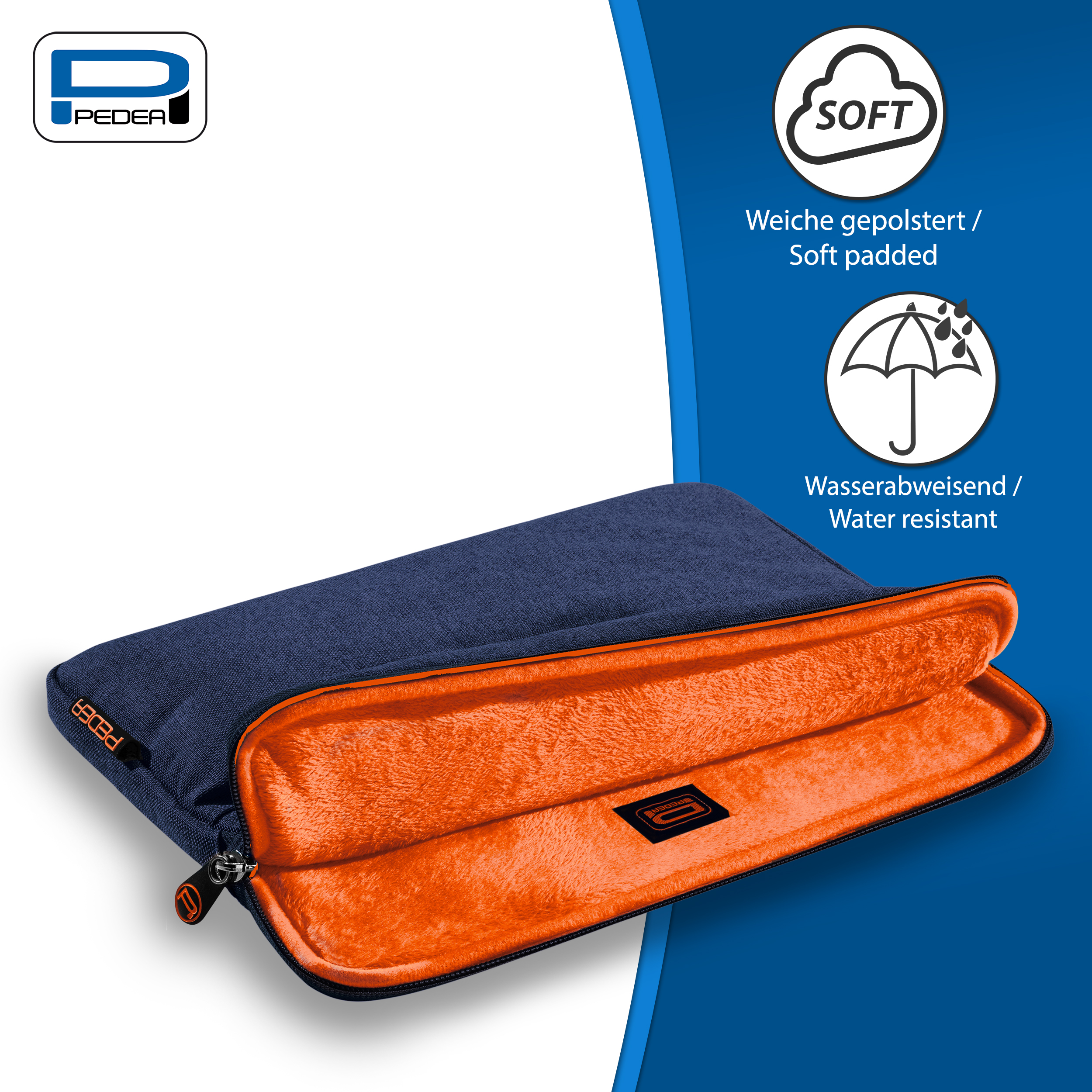 Blaue Laptoptasche mit orangefarbenem Innenraum und Reißverschluss. Text und Grafiken rechts.