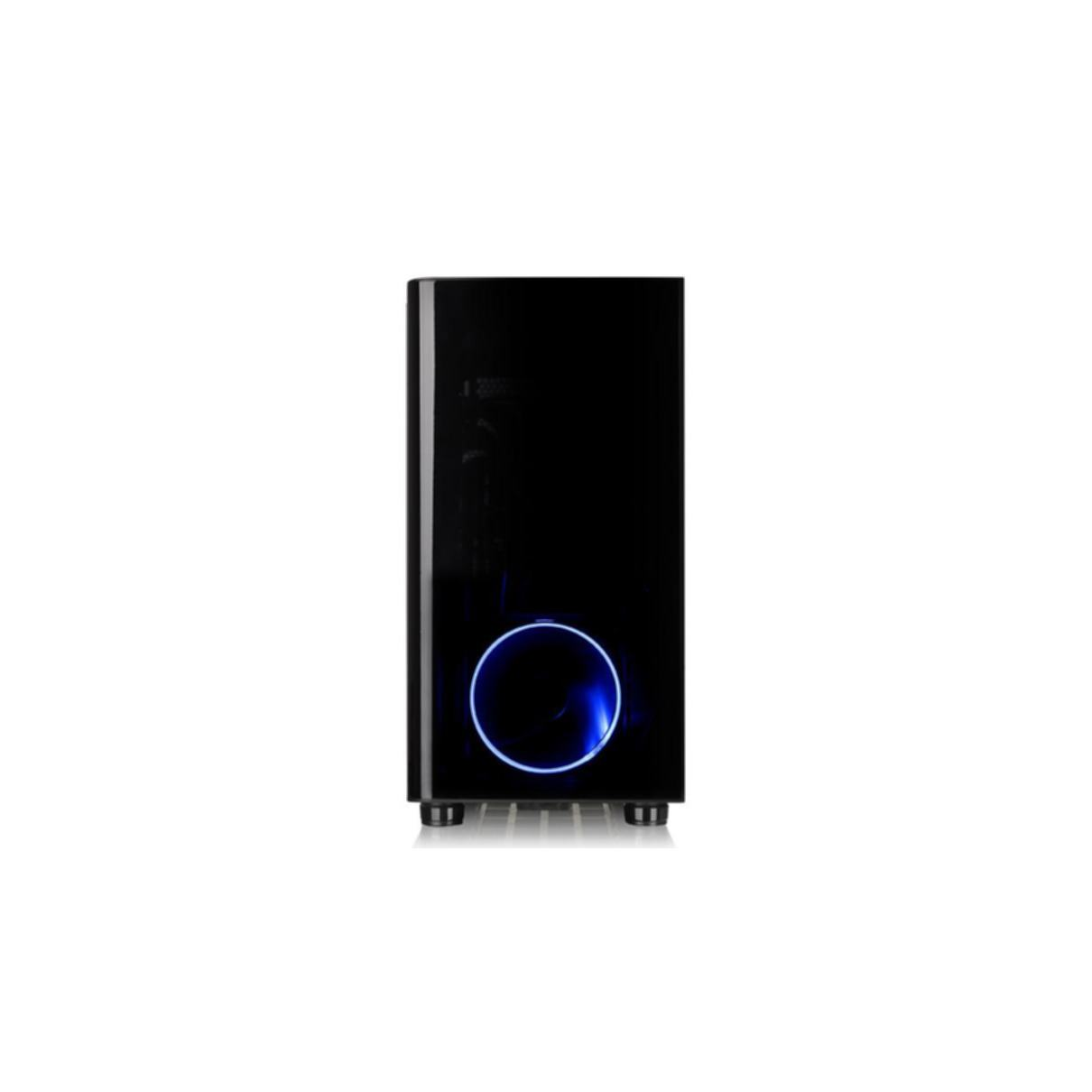 Un elegante case per computer nero con un anello di luce blu.