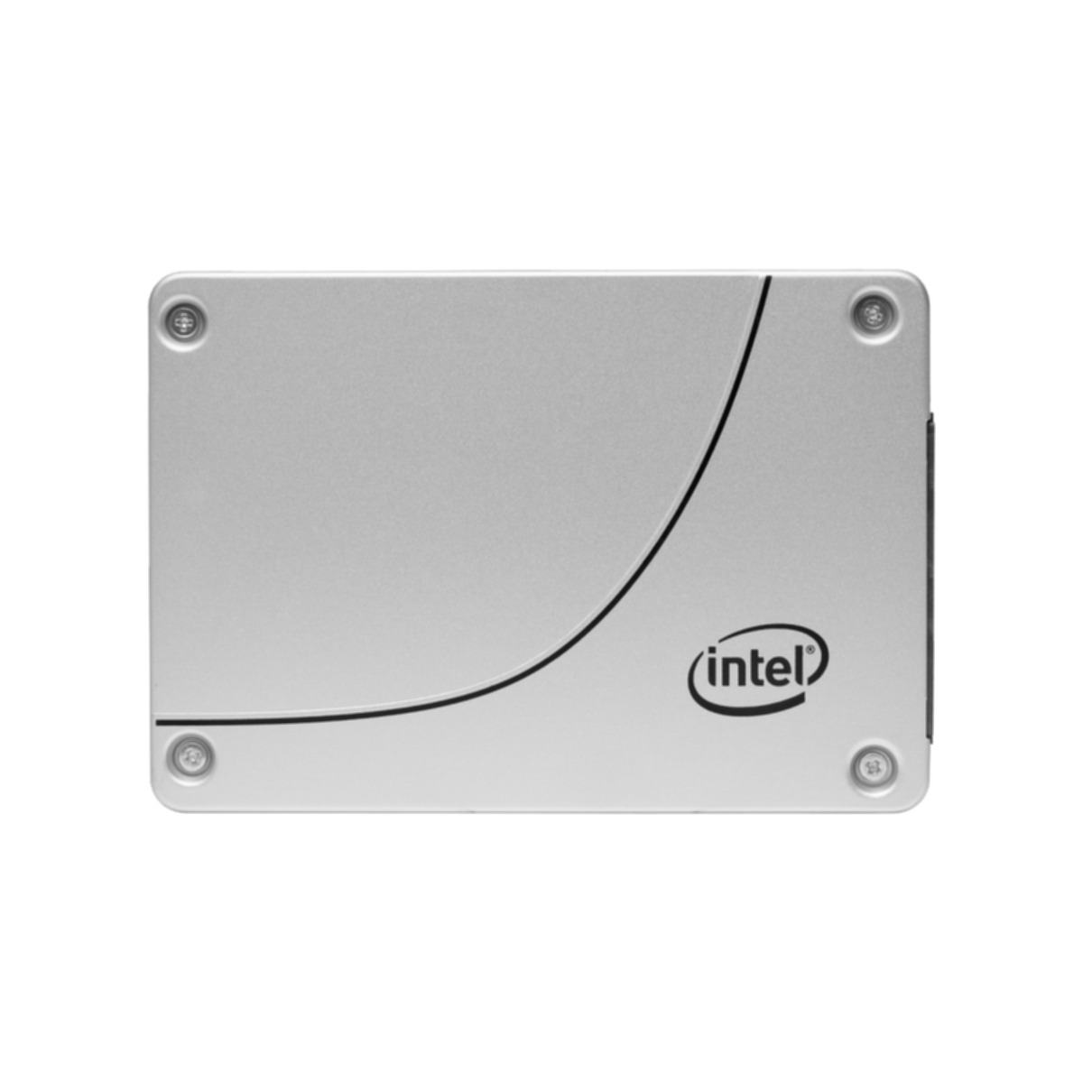 Un SSD Intel argento con un design a linea nera curva.