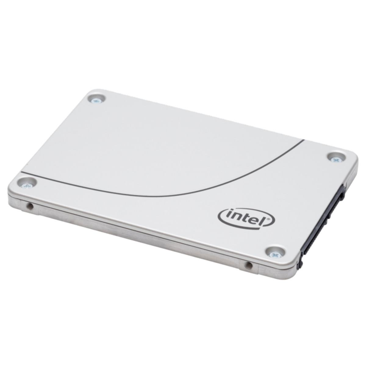 Un SSD Intel argentato su sfondo bianco, con il logo Intel nell'angolo in basso a destra.