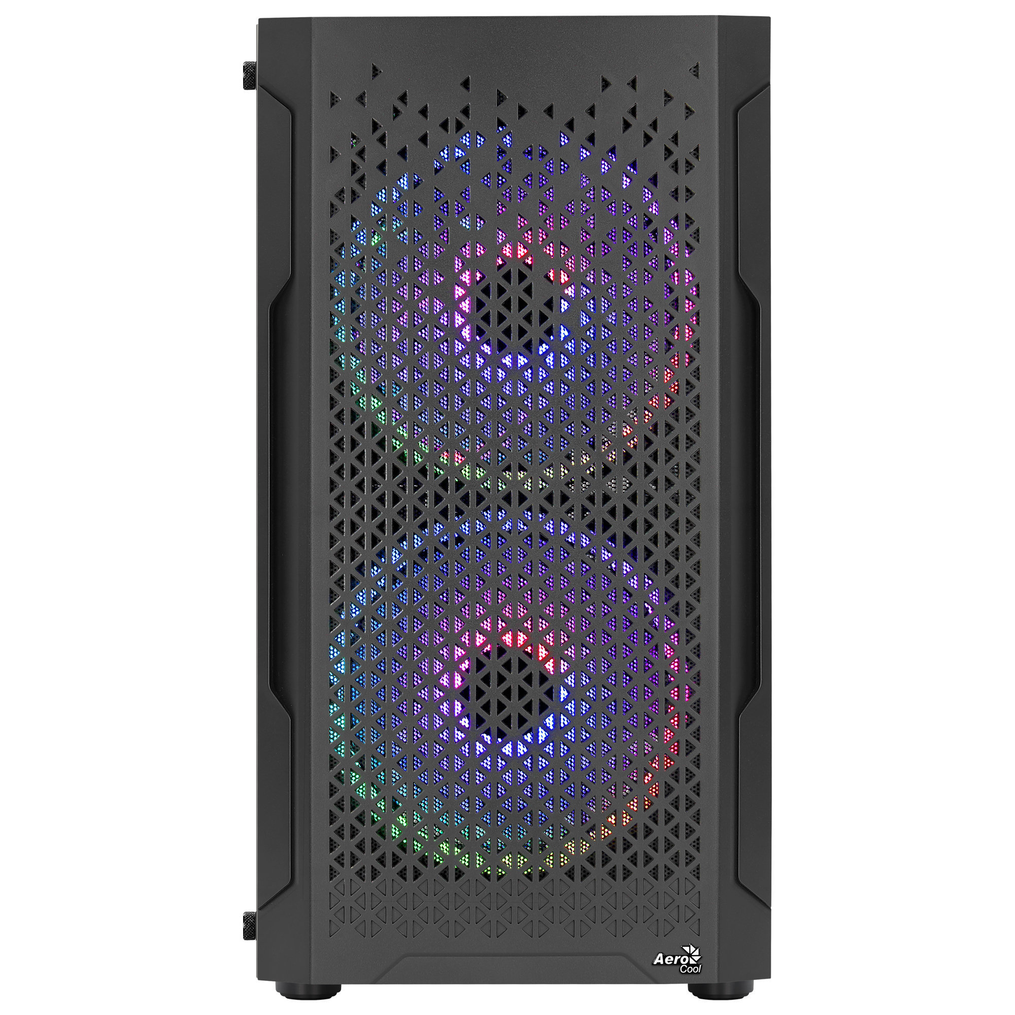 Schwarzes Computergehäuse mit Mesh-Front, beleuchtet von Regenbogen-LEDs. Vertikales, abgewinkeltes Design.