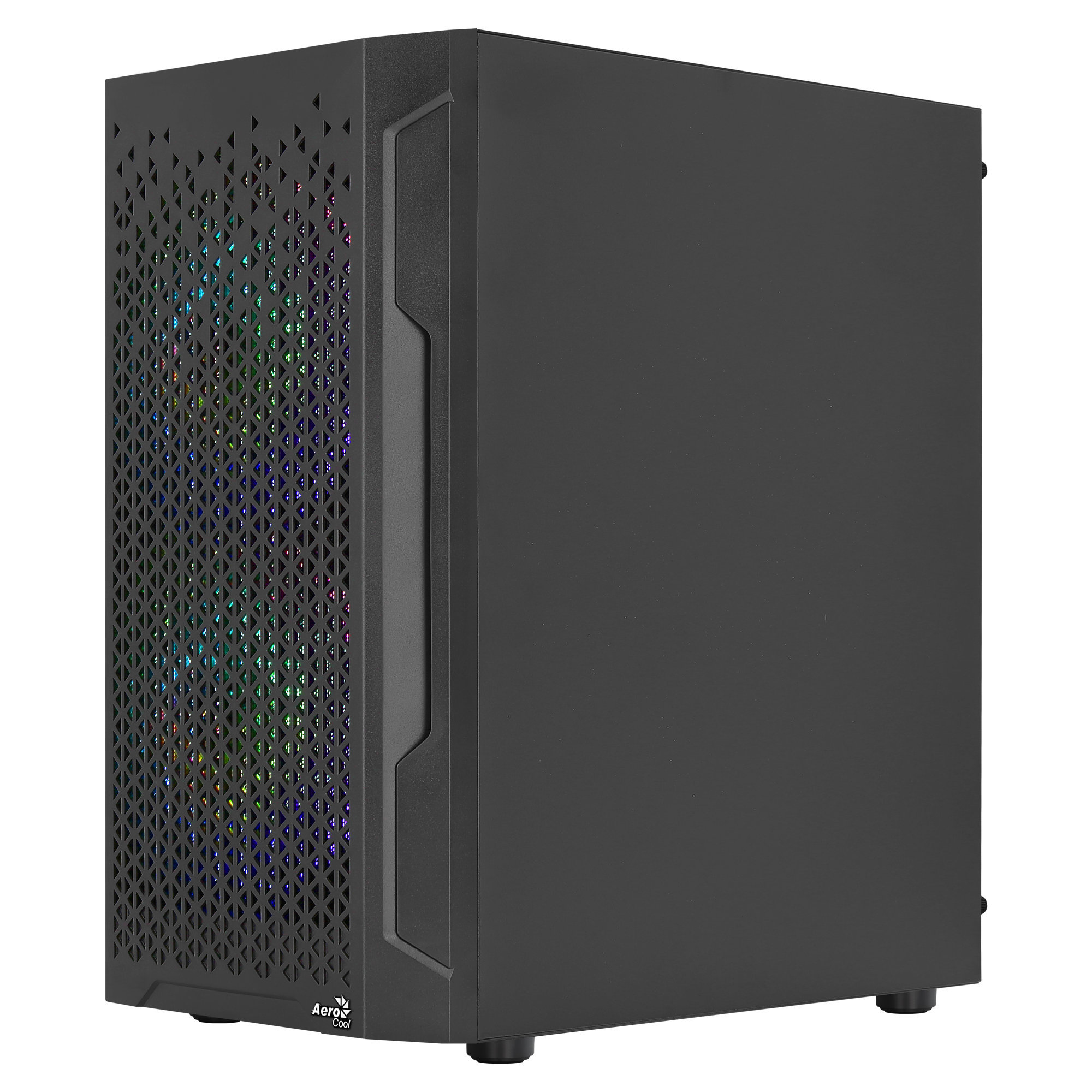 Schwarzes Computergehäuse mit perforierter Seitenwand, Seitengriff und einer massiven Seitenwand. RGB-Lichter sichtbar.