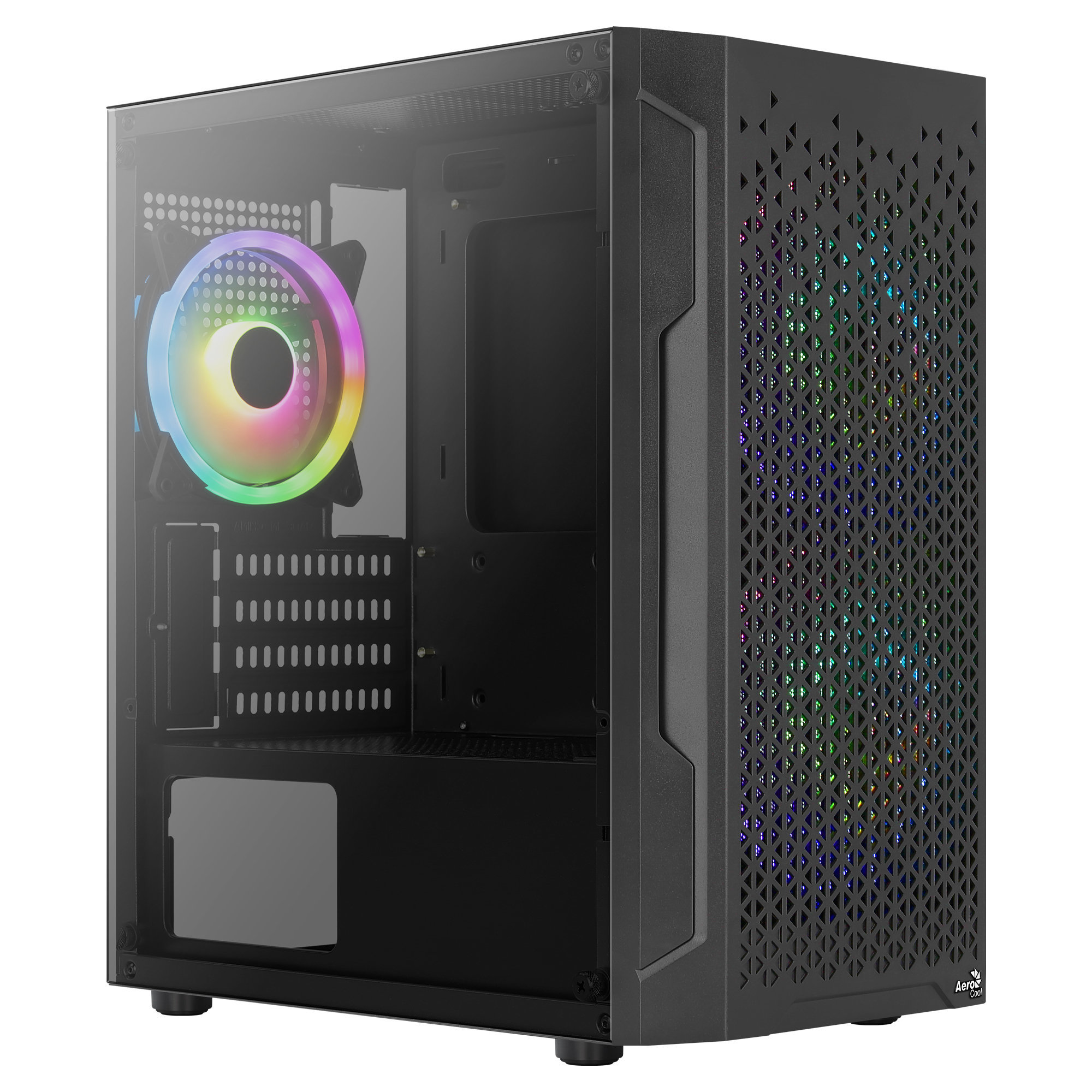 Schwarzes Computergehäuse mit bunten Lichtern und einem Lüfter vorne.