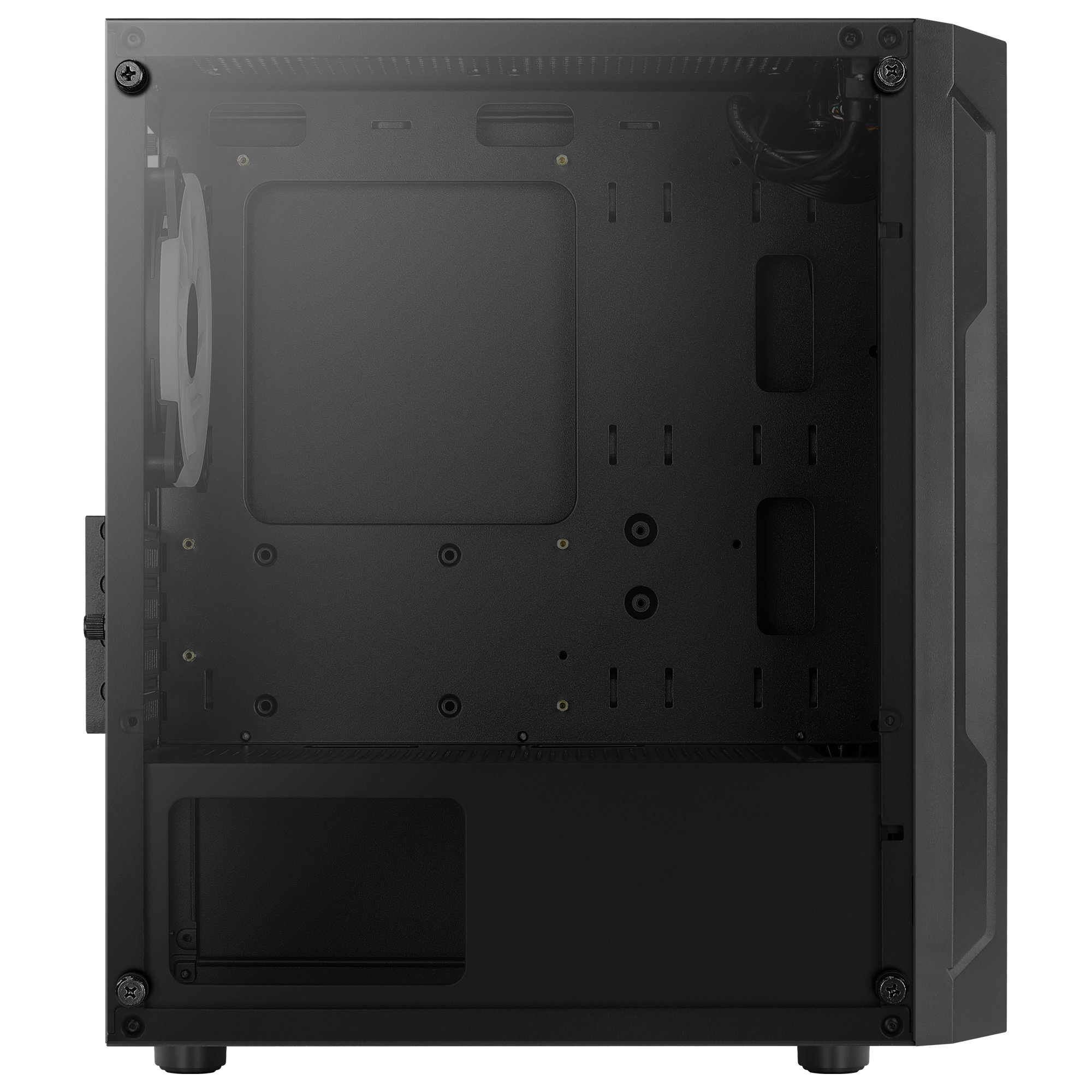 Computergehäuse innen. Schwarzes, offenes Gehäuse, mit sichtbaren Komponenten.