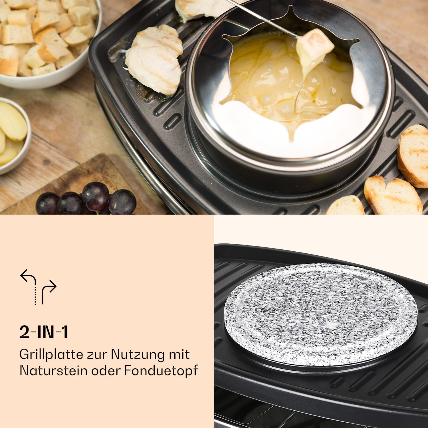 Käsefondue-Set mit Brot und Trauben. Fonduetopf in der Mitte, Zutaten drumherum angeordnet.