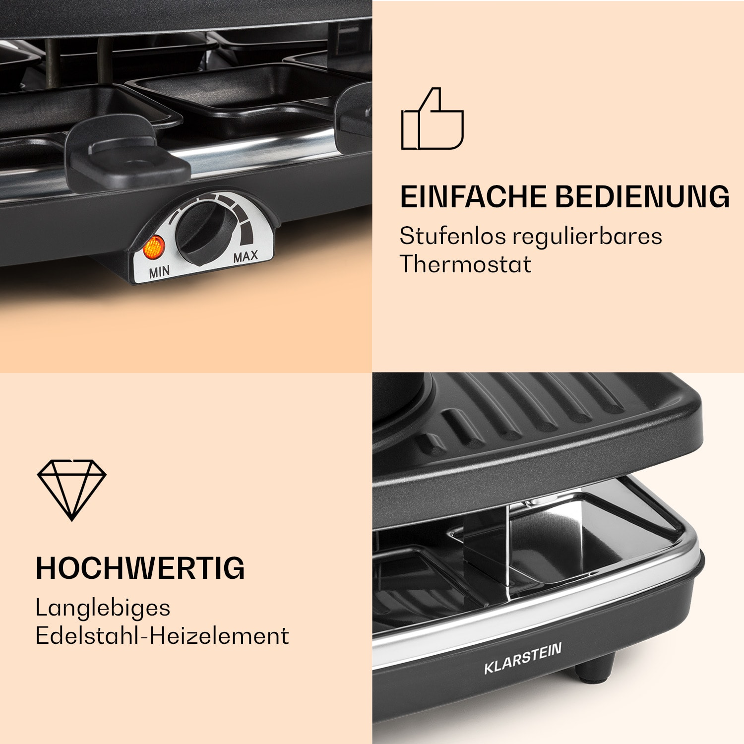 Schwarzer Raclette-Grill mit Bedienelementen. Nahaufnahme des Thermostats. Text auf Deutsch. Diamant-Symbol.