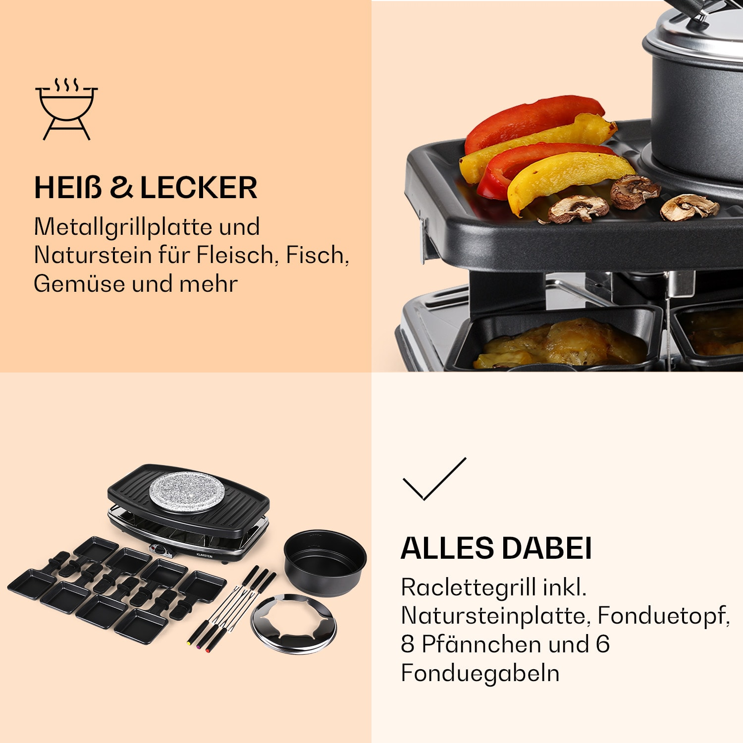 Ein Raclette-Grill mit Essen, Gemüse und Käse, sowie Servierutensilien.