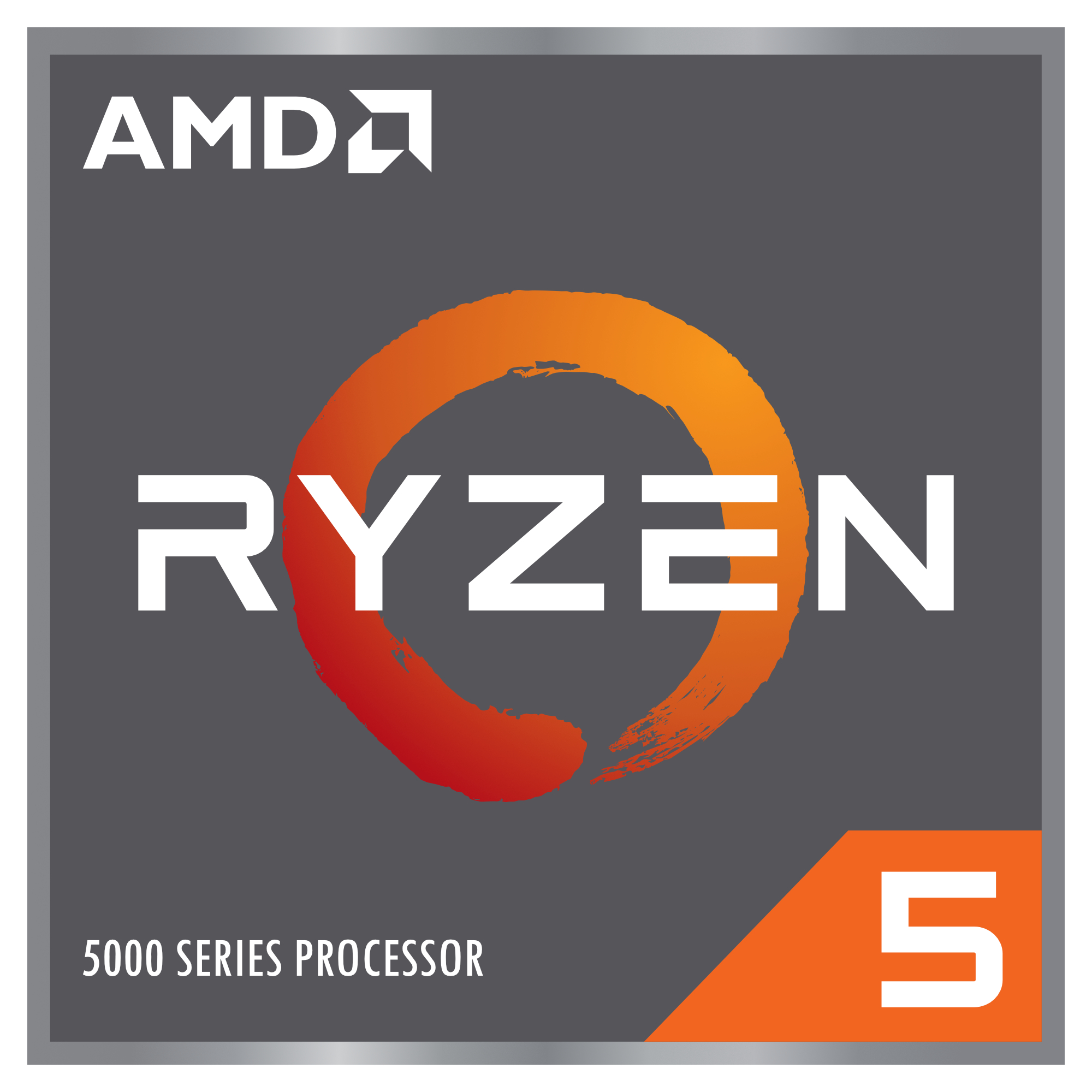 Quadratische graue Grafik mit AMD Ryzen-Logo und orangefarbenem Kreis. Text: 5000 Series Processor und die Zahl 5.