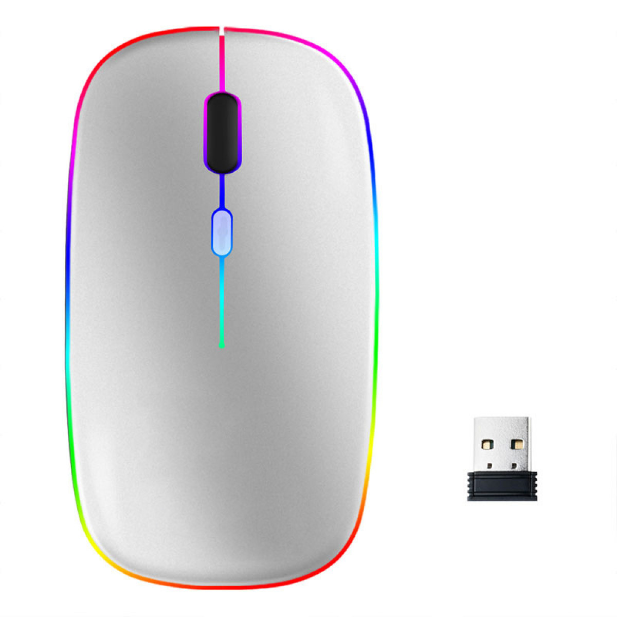 Silberfarbene kabellose Maus mit farbigem Lichtstreifen und USB-Empfänger.