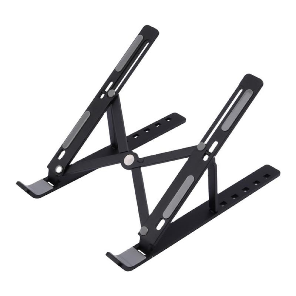 Składana podstawka pod laptopa, czarna z szarymi akcentami.