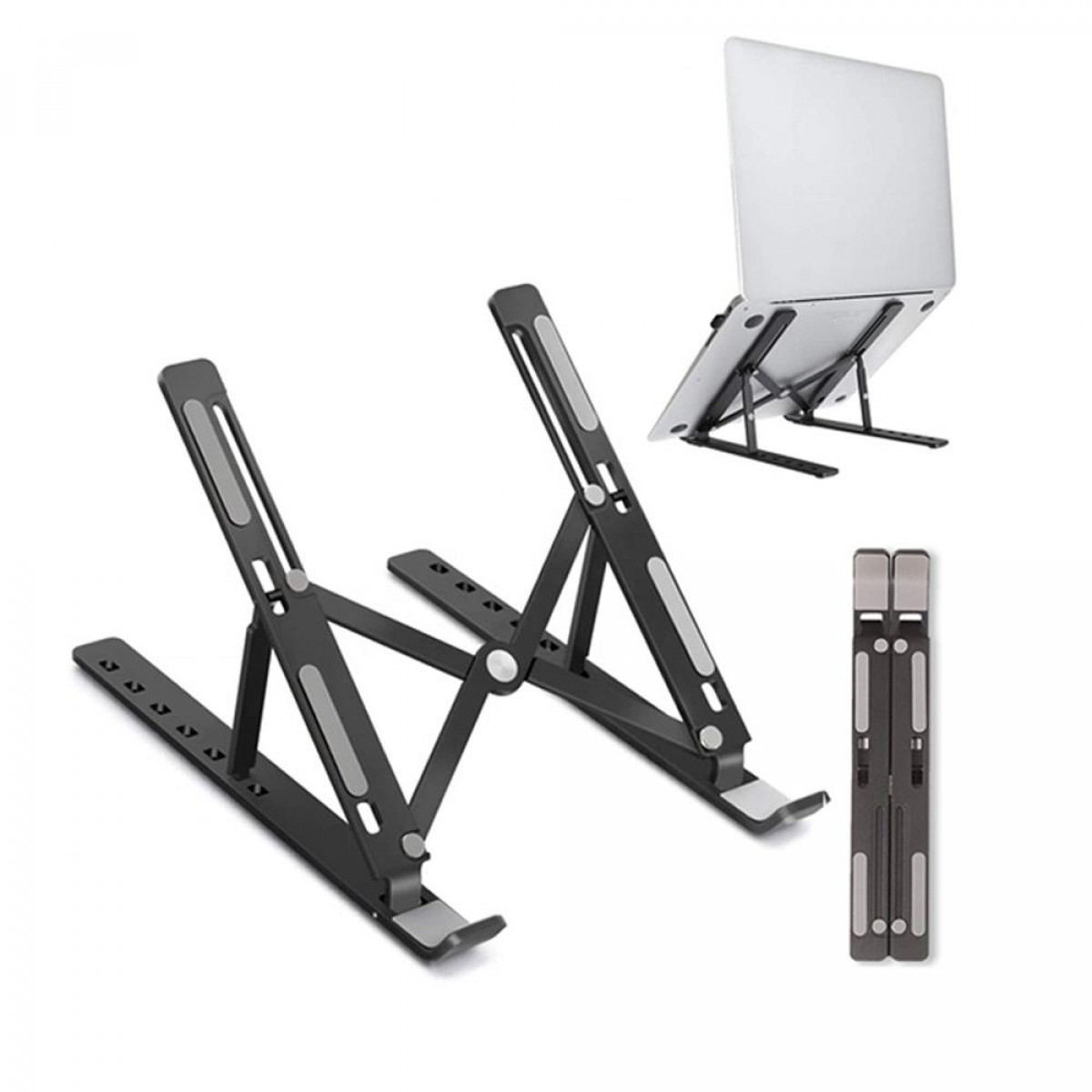 Składana podstawka pod laptopa, czarna z szarymi akcentami, w trzech różnych widokach.