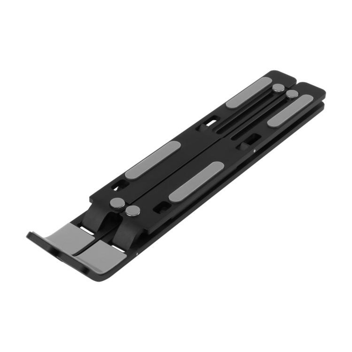 Czarny i szary stojak na laptopa, złożony. Pokazuje podpory i podkładki na laptopa.