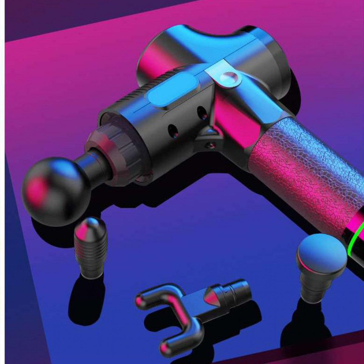 A black massage gun with several attachments. It is on a blue and purple gradient background.