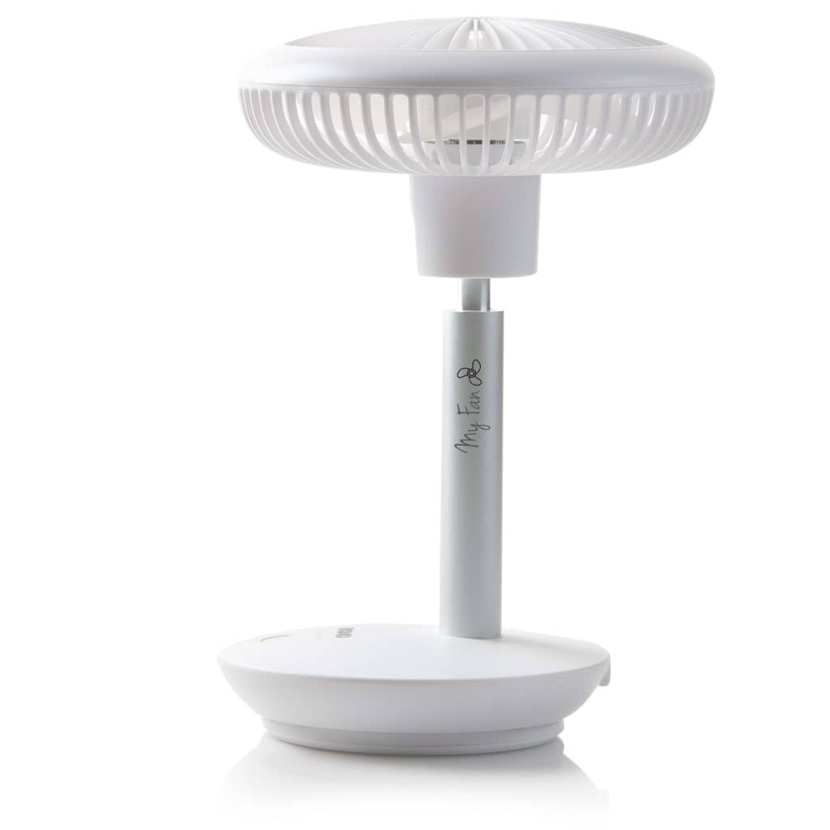 Weißer Tischventilator mit vertikalem Ständer und rundem Sockel.