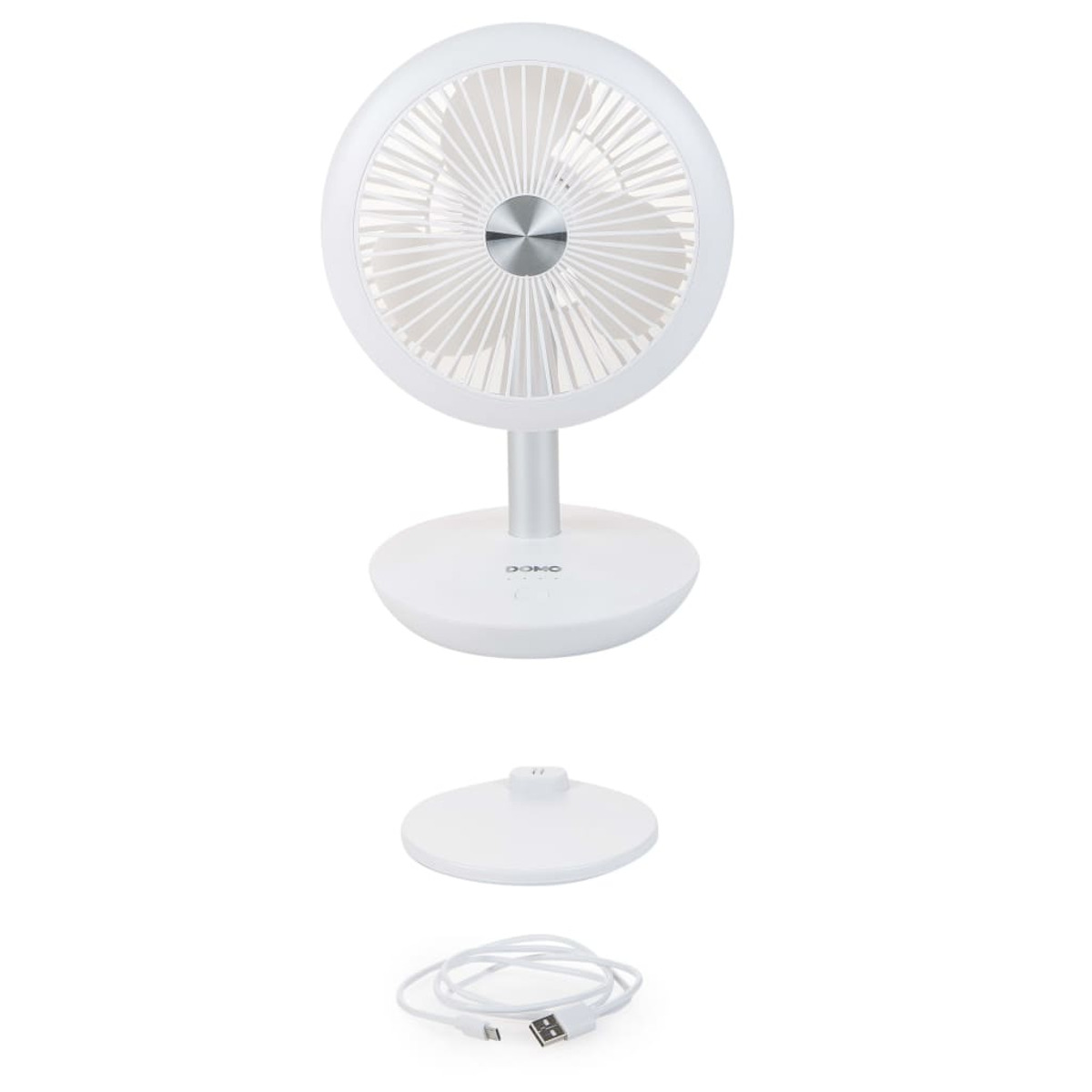 Weißer Schreibtischventilator mit rundem Kopf, silberner Mitte und weißem Fuß. Ein USB-Kabel ist auch dabei.