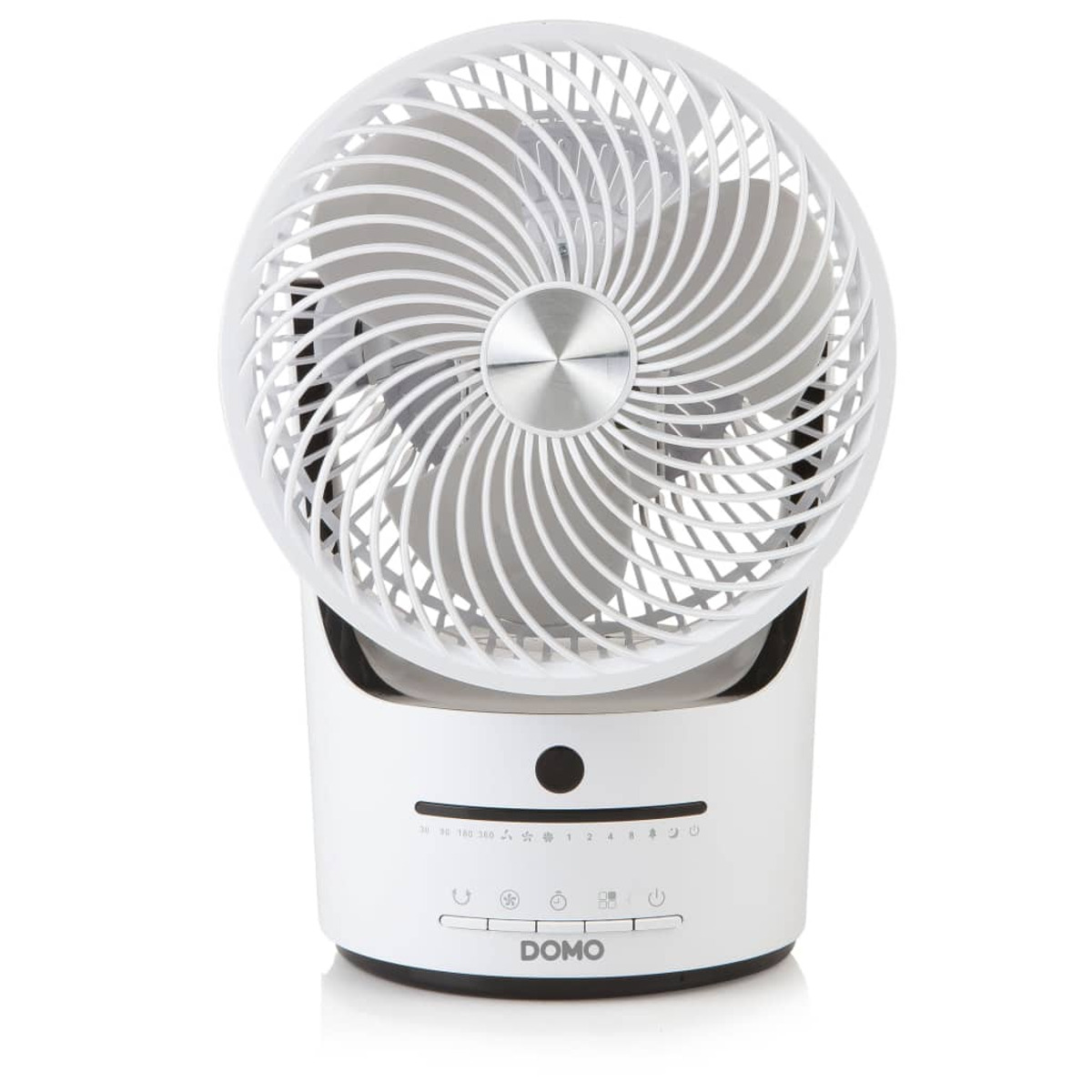Weißer Tischventilator mit rundem Design, Bedienelemente sichtbar.