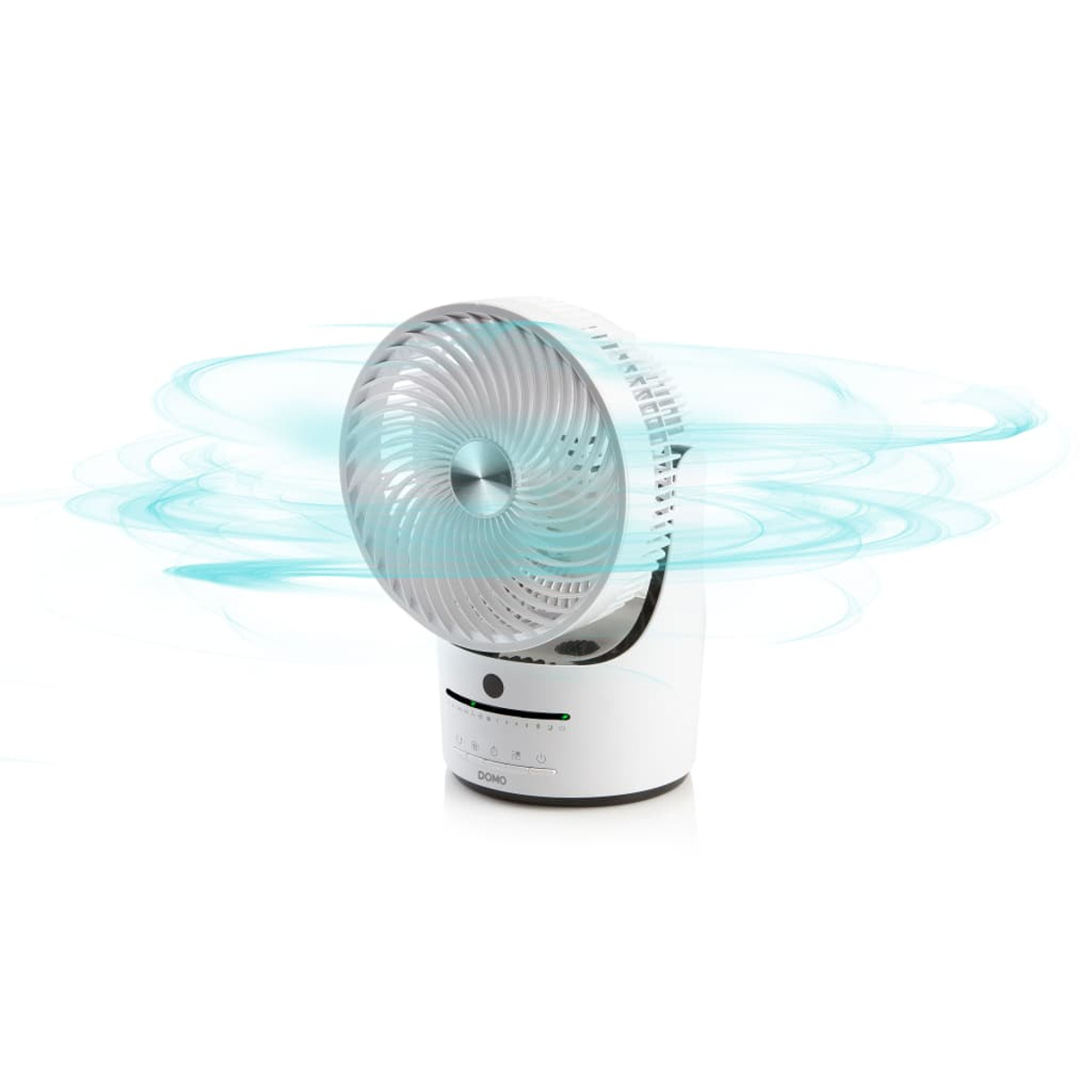 Weiß-grauer Ventilator mit kreisförmigem Design. Er steht auf einem weißen Sockel. Der Hintergrund ist weiß.