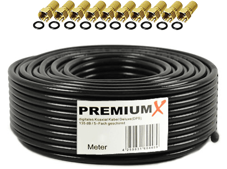 PREMIUMX 50m DELUXE PRO Koaxial 135dB Antennenkabel 5-Fach 10x Kabel F-Stecker Antennenkabel SAT SCHWARZ Kupfer