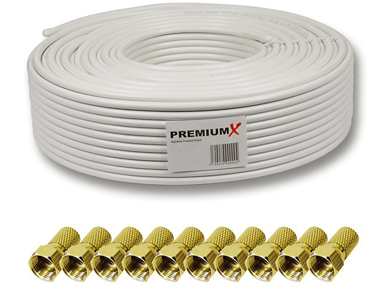 PREMIUMX PROFI PRO 100 Meter Koaxial Kabel 135 dB 5-Fach geschirmt SAT Antennenkabel 10 F-Stecker Antennenkabel