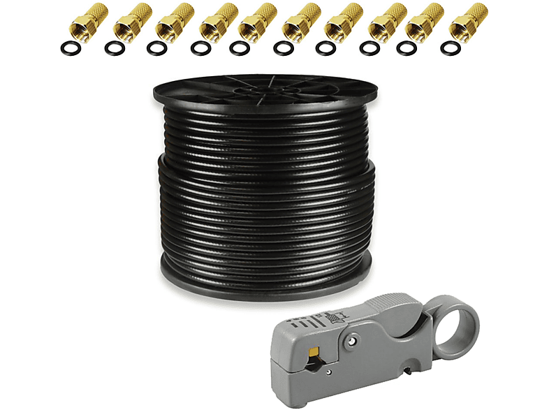 ARLI Koaxialkabel 100m Schwarz – 5-fach Geschirmt, UV-beständig, Für DVB-S/T2/C, Inkl. 10 F-Stecker