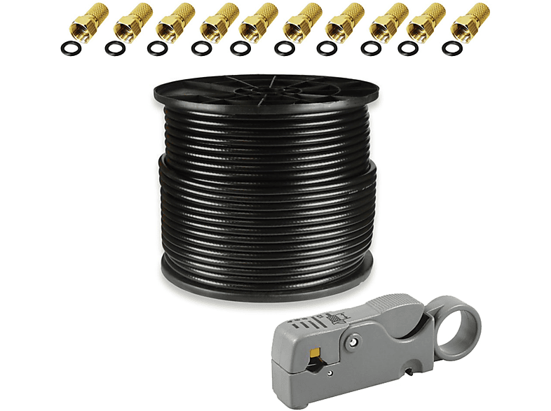 PREMIUMX 100m PROFI Koaxialkabel Schwarz CU 135dB 10x F-Stecker Abisolierer Antennenkabel