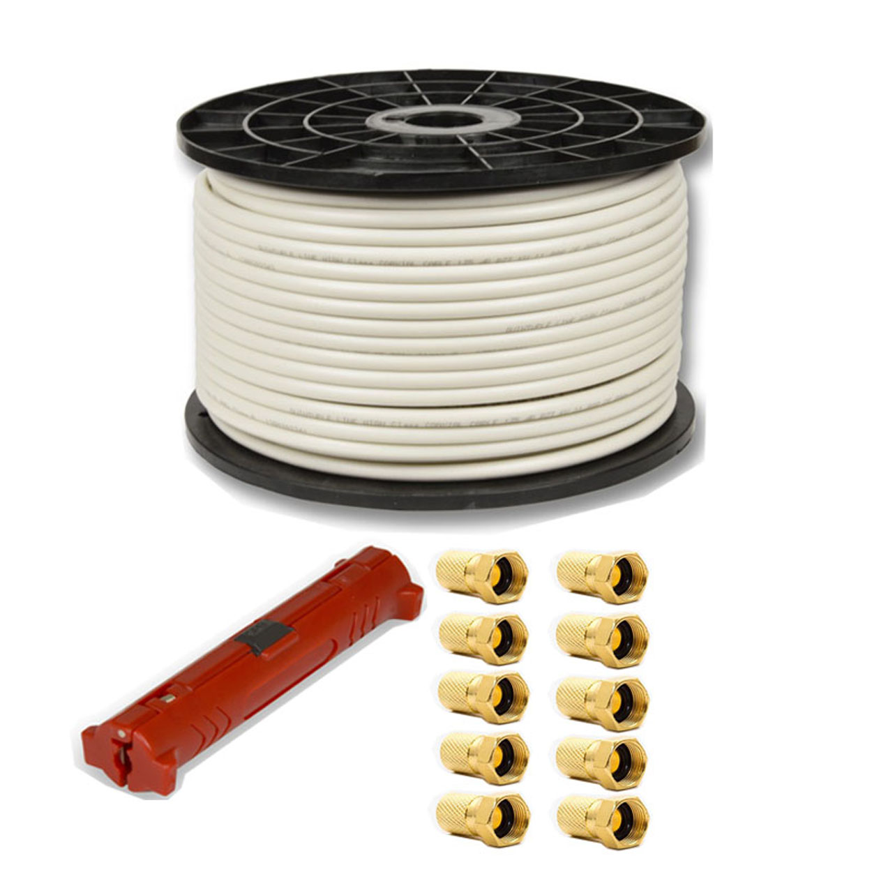 Weiße Kabelrolle mit weißem Kabel, rotem Kabelabisolierer und goldenen Steckern.