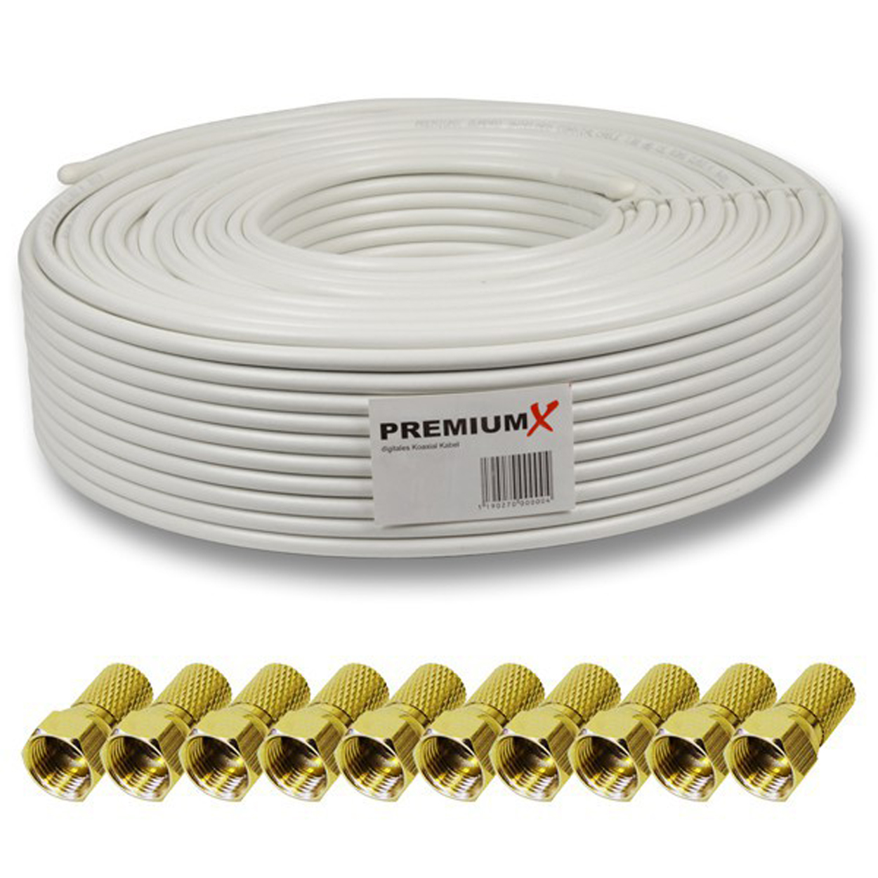 Koaxialkabelrolle und goldene Stecker auf weißem Hintergrund. Kabel hat eine weiße Außenschicht. Stecker sind gold.