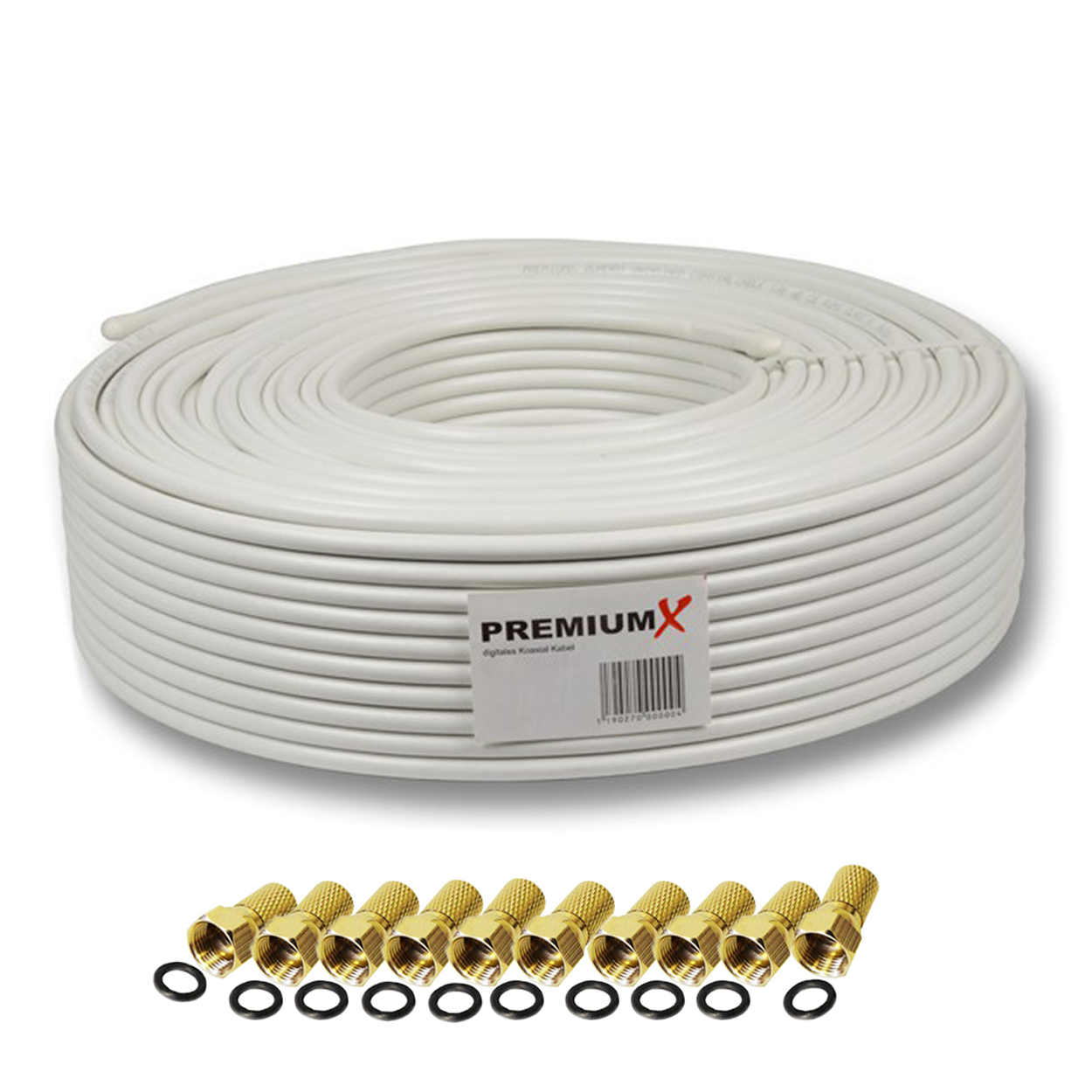 Gerolltes weißes Kabel mit goldenen Steckern und schwarzen Ringen, vor weißem Hintergrund.