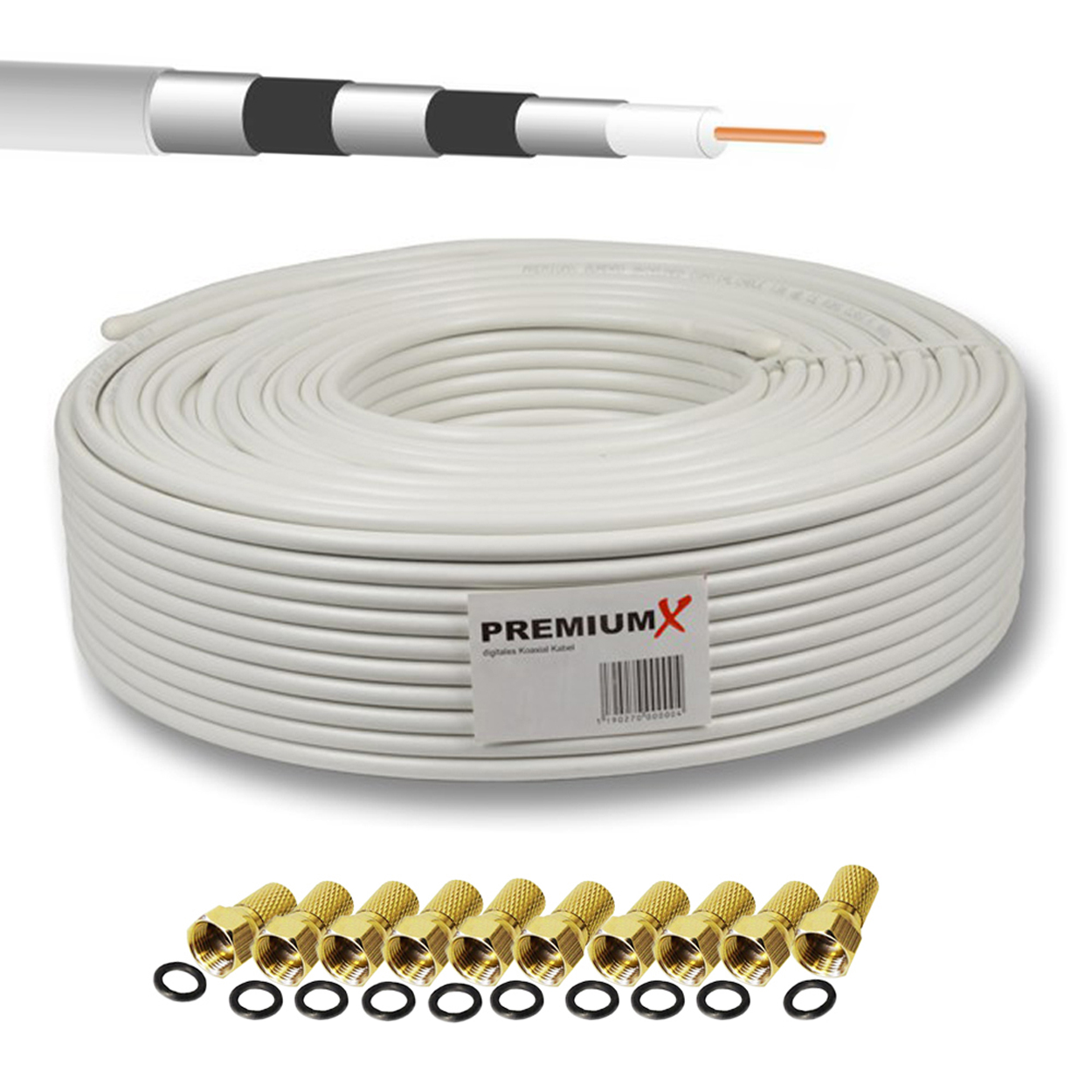 PREMIUMX 50m PRO Koax 10x Antennenkabel Koaxialkabel 5-fach Kabel F-Stecker SAT 135dB BASIC